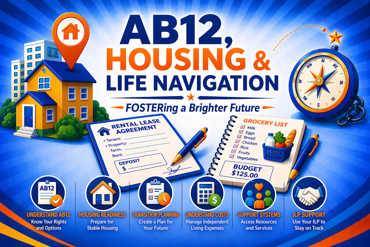 AB12, housing, & life navigation workshop: Youth learn how to navigate AB12 and ILP benefits, prepare for housing, understand real-world living costs, and gather important documents needed for adulthood.