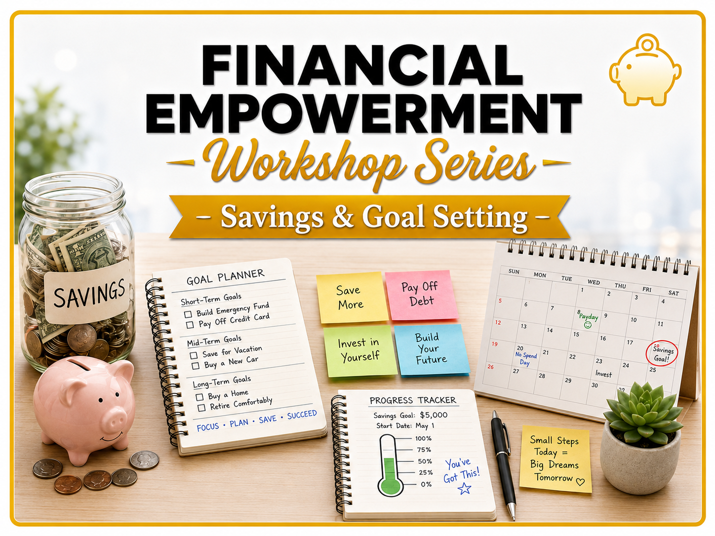 Savings & Goal Setting workshop: Youth learn how to set short- and long-term savings goals, build emergency savings, use SMART goals, and create habits that support financial stability.