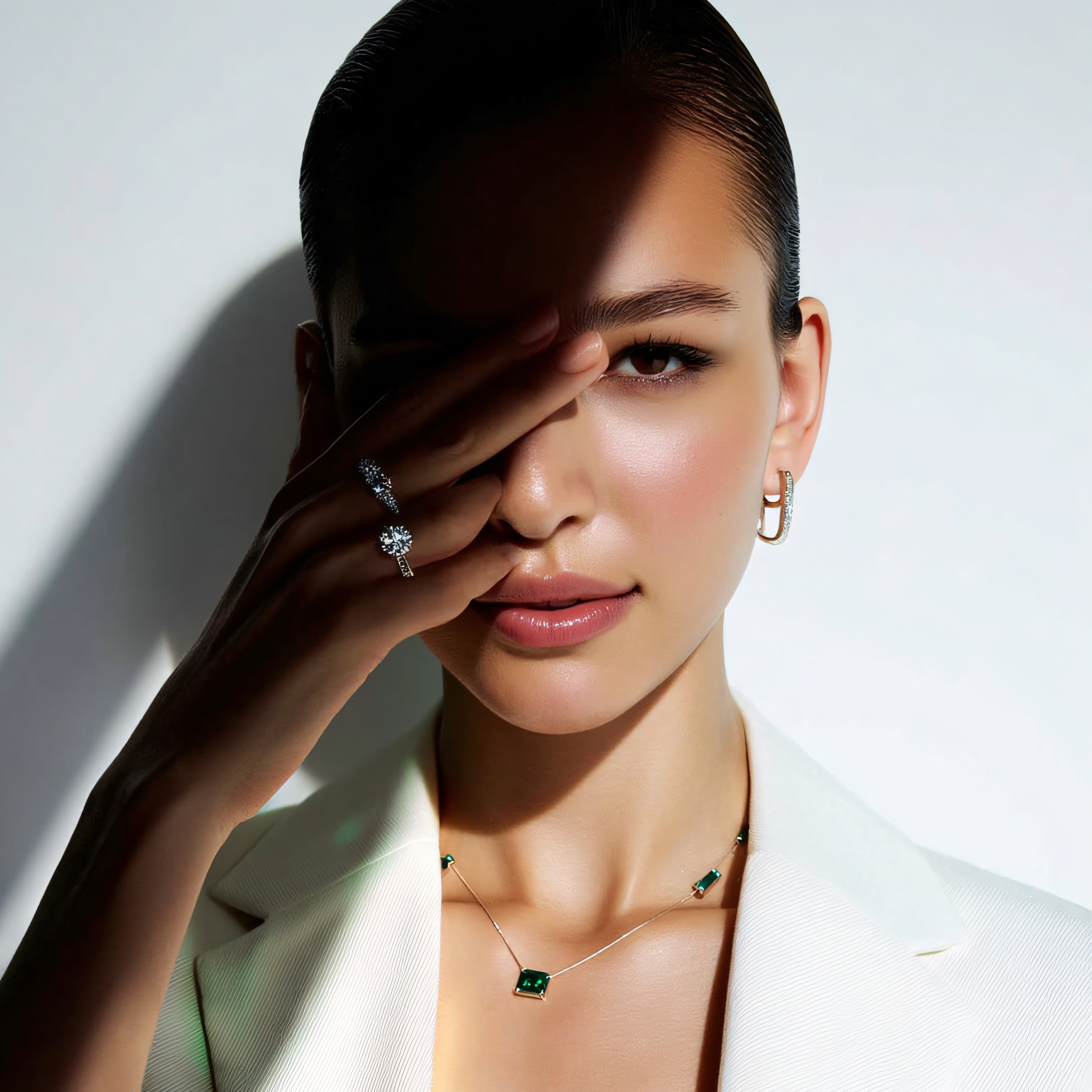 Close-up of a woman with dark hair slicked back, wearing earrings and a necklace with green stones, with her hand partially covering her face, wearing a white top.