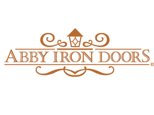 Logo for Abby Iron Doors featuring a stylized hinge or lantern icon above the company name in elegant cursive font.
