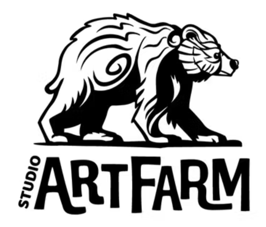 A black and white logo of a lion with stylized mane above the words "Studio Art Farm" in bold letters, with "Studio" written vertically to the left of "Art Farm."