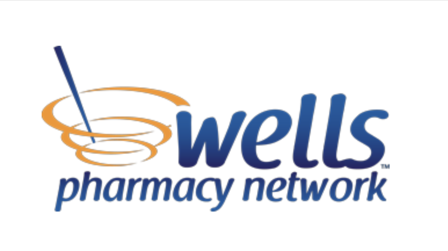 Wells Pharmacy Network logo with spiral design and blue and orange colors.