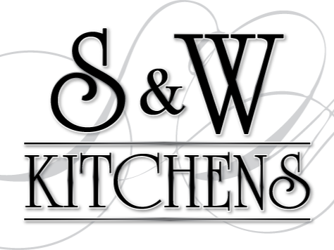 Black background with white text reading 'S & W Kitchens' in stylized font with decorative swirls.
