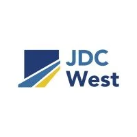 JDC West logo featuring a stylized flag with blue, yellow, and white colors and the text "JDC West".