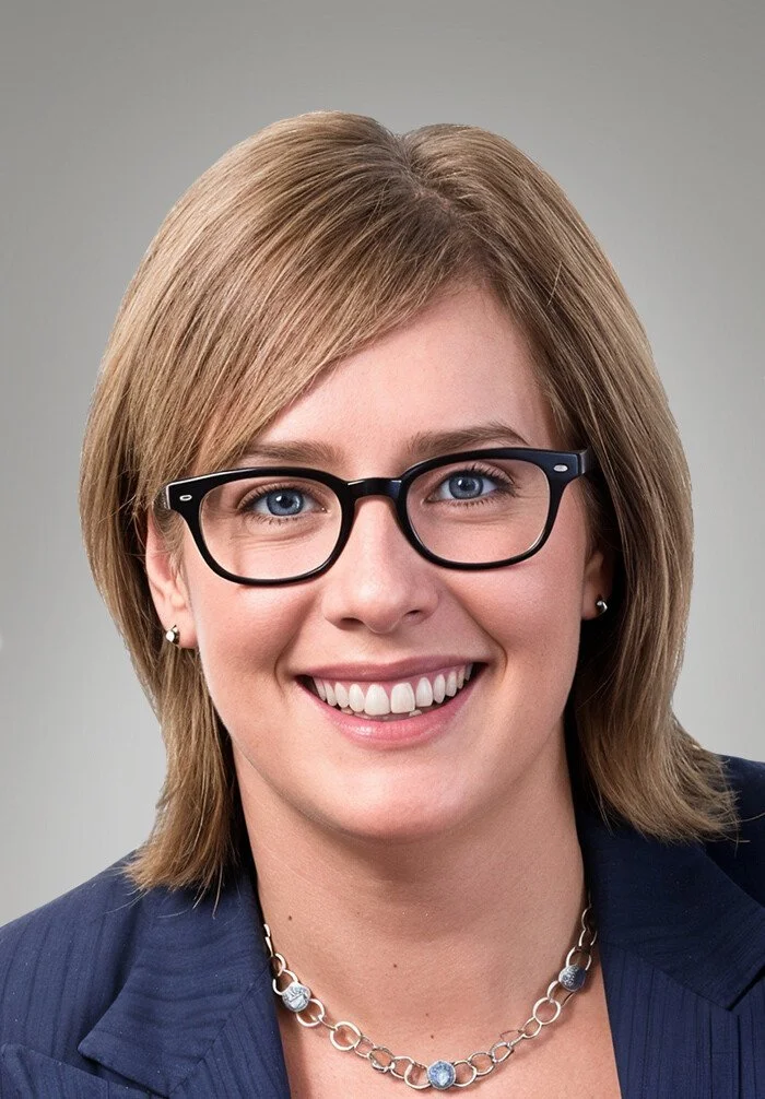 Portrait of a woman with light brown hair, wearing black glasses, a navy blazer, and a silver necklace, smiling against a neutral background.