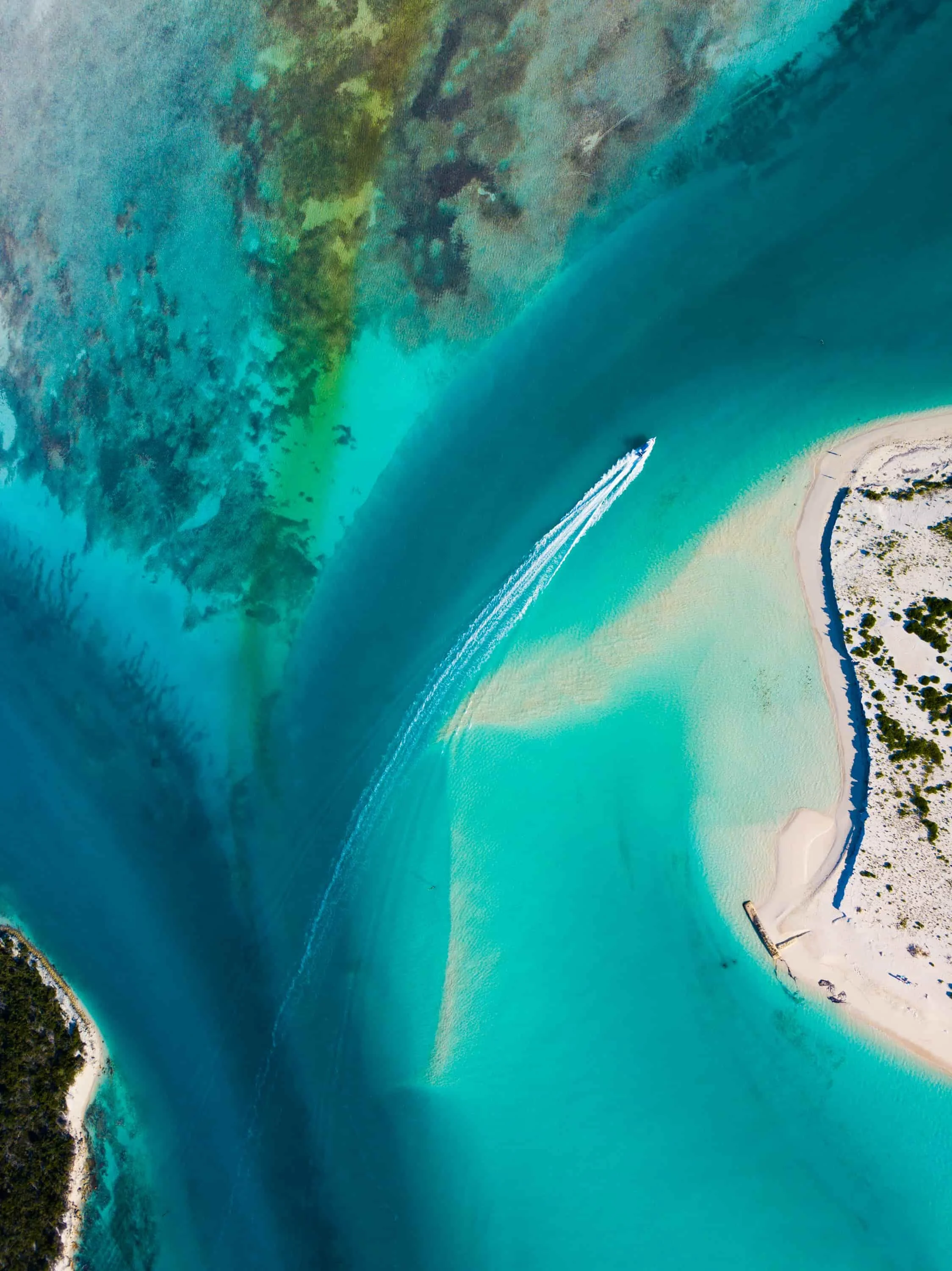 An aerial view of a boat creating a wake in turquoise water near a sandy beach with patches of green vegetation.
