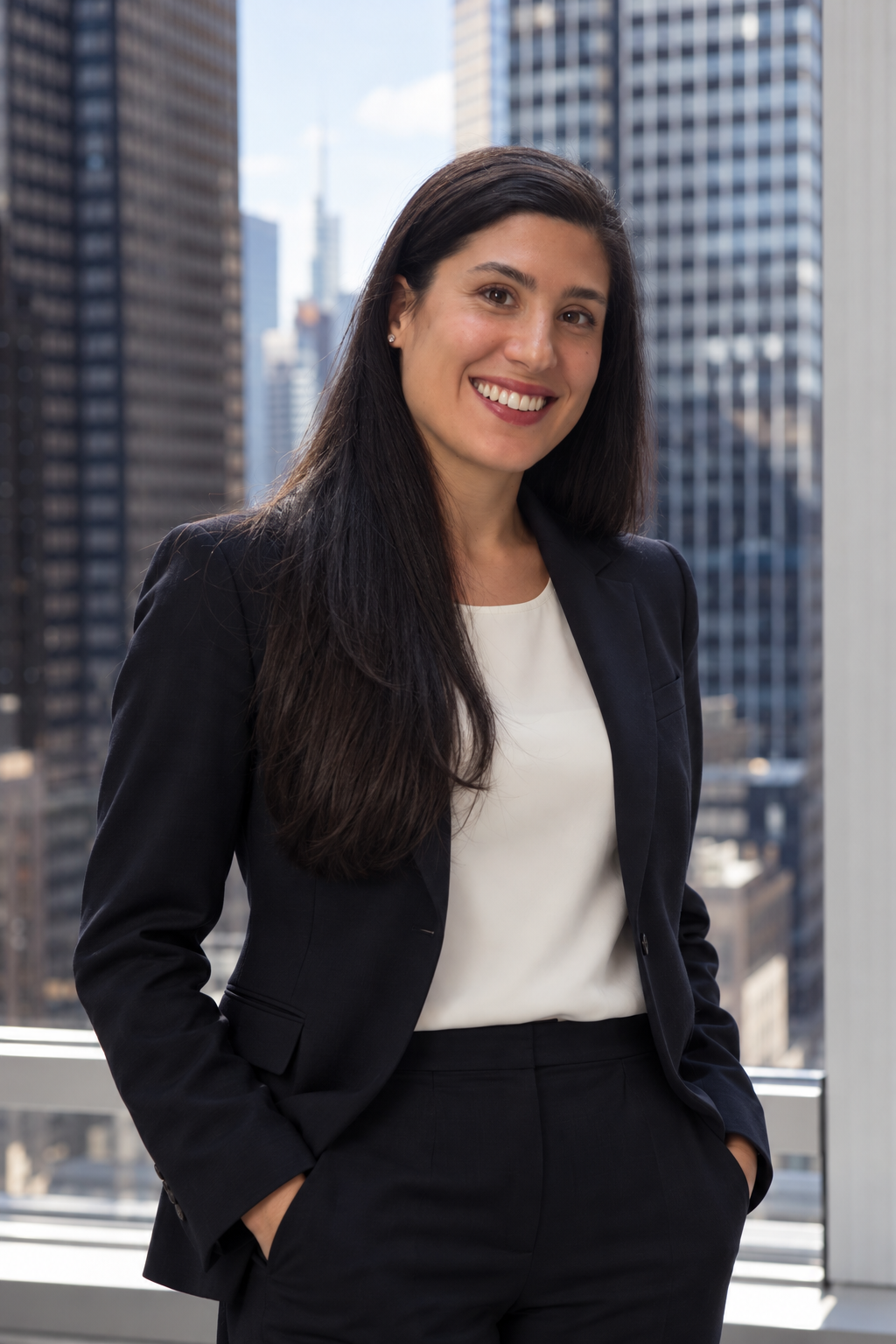 Myriam Bussu-Miller, Lead Immigration Attorney, by a New York office window