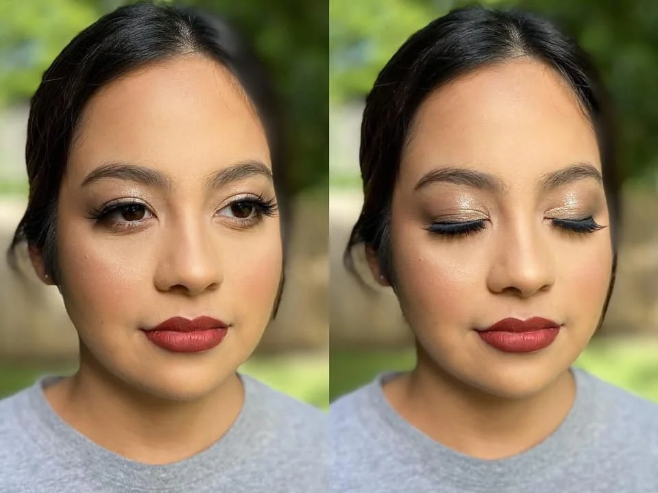 Side-by-side pictures of a young woman with makeup, featuring her with eyes open in the left image and eyes closed in the right image, outdoors with blurred green background.