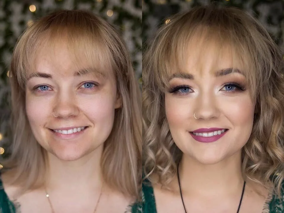 Side-by-side comparison of a woman before and after applying makeup and hairstyling, with Christmas tree in the background.