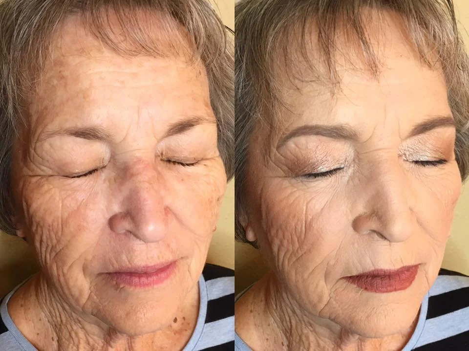 Side-by-side comparison of an elderly woman with makeup and hairstyling, showing her before and after makeover.