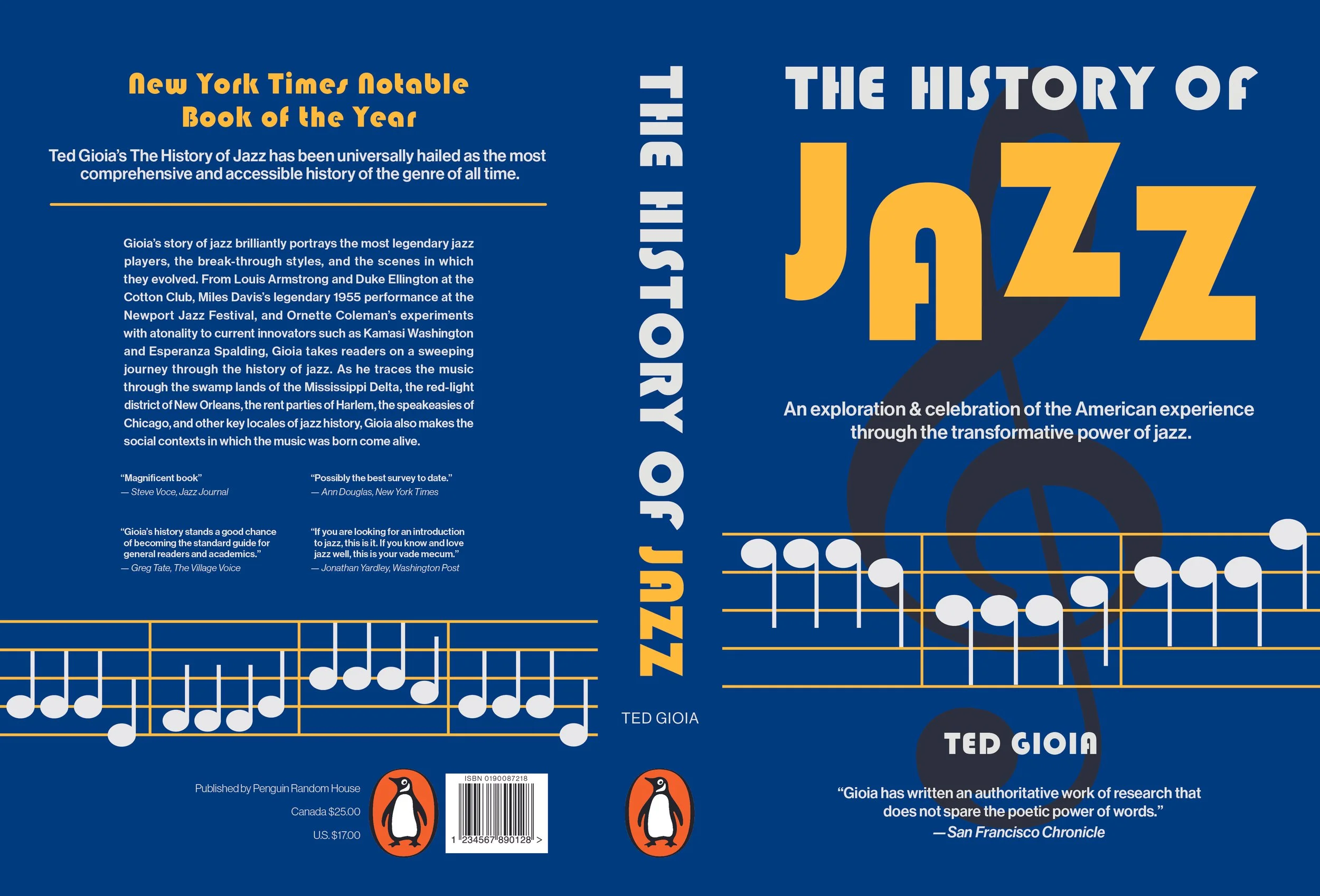 Book cover titled "The History of Jazz" by Ted Gioia, published by Penguin Random House. Blue background with yellow and white text, featuring a treble clef and musical notes graphic. Text highlights the book as a notable and accessible history of ja