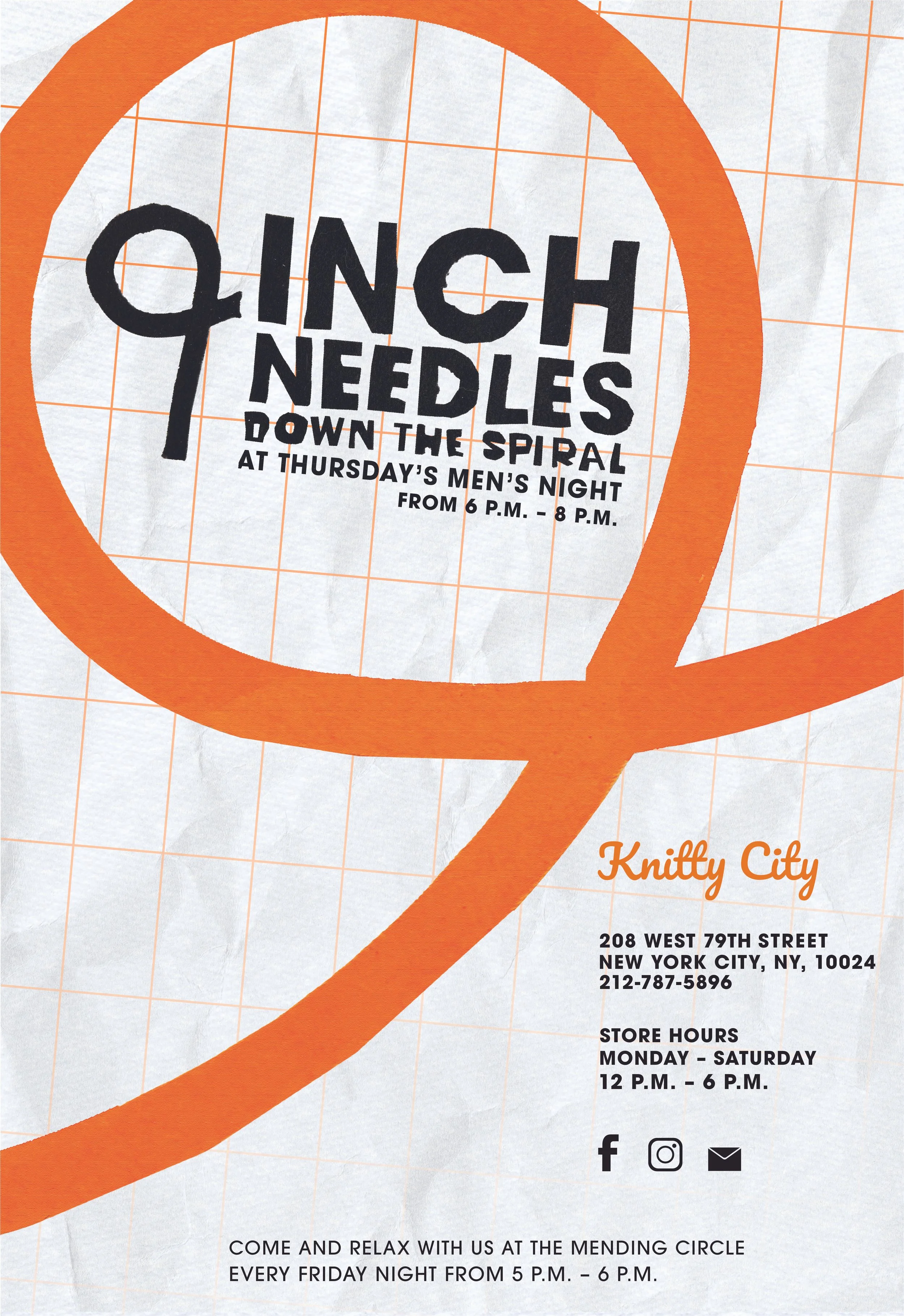 Poster for Knittty City in New York City with the title "9 Inch Needles" with the subtitle "Down the Spiral". The flyer includes event details, location, hours, and social media icons.