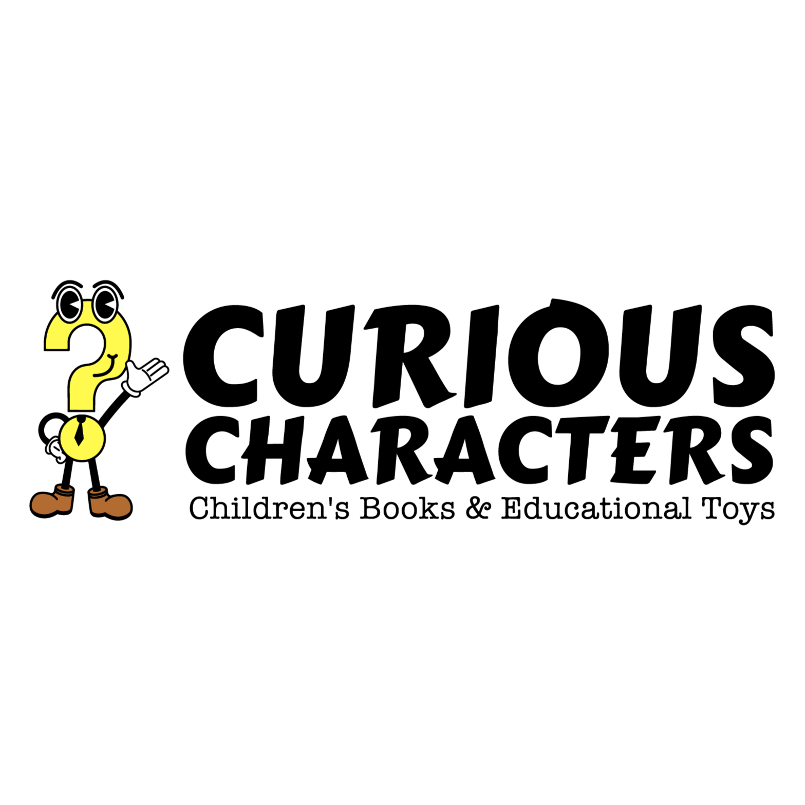 A black background with a yellow question mark character wearing glasses, a tie, brown shoes, and white gloves, standing to the left side of the text "Curious Characters; Children's Books & Educational Toys"