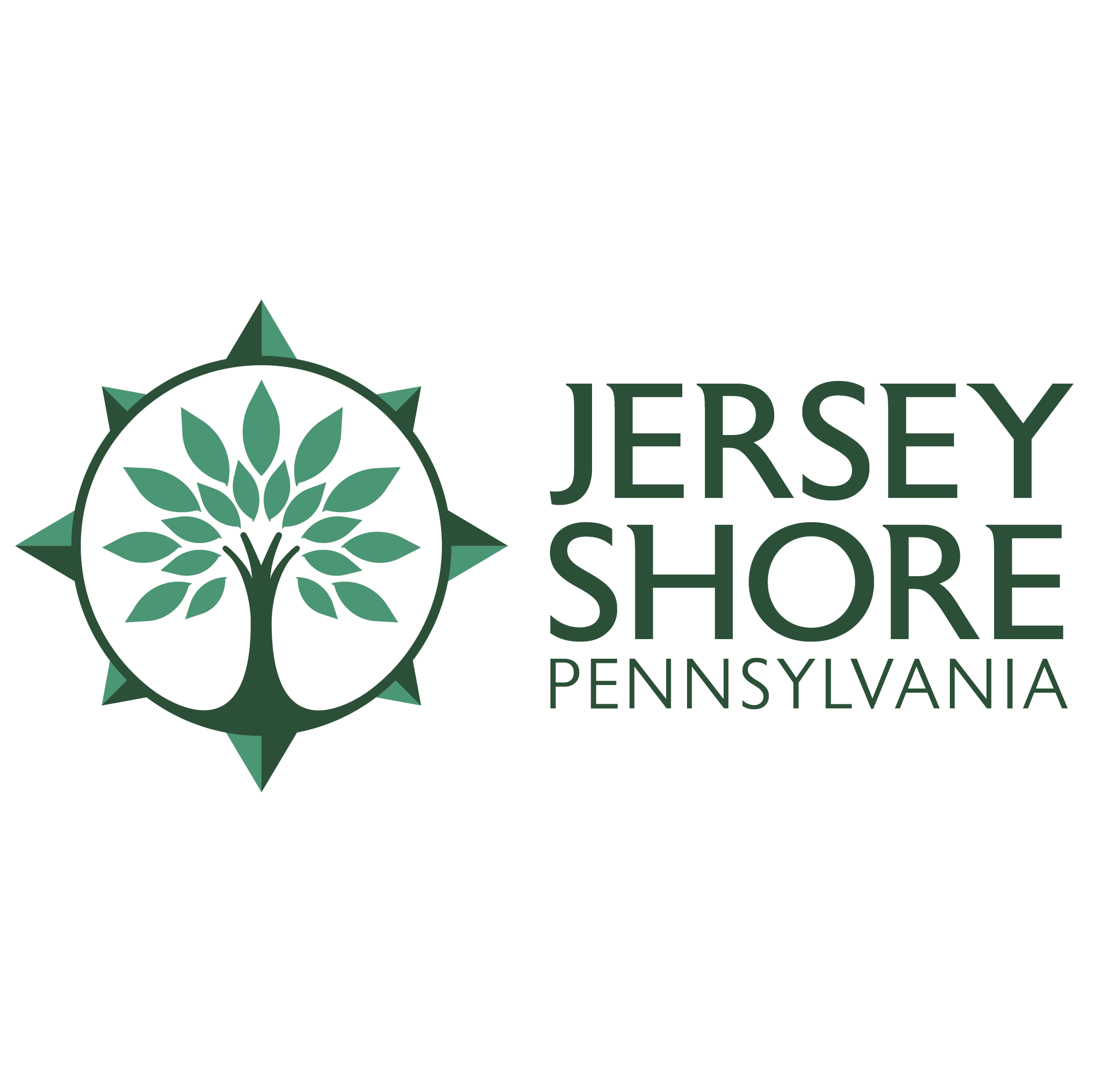 Logo for Jersey Shore, Pennsylvania, featuring a stylized tree with leaves inside a circular shape, surrounded by a Compass pattern.