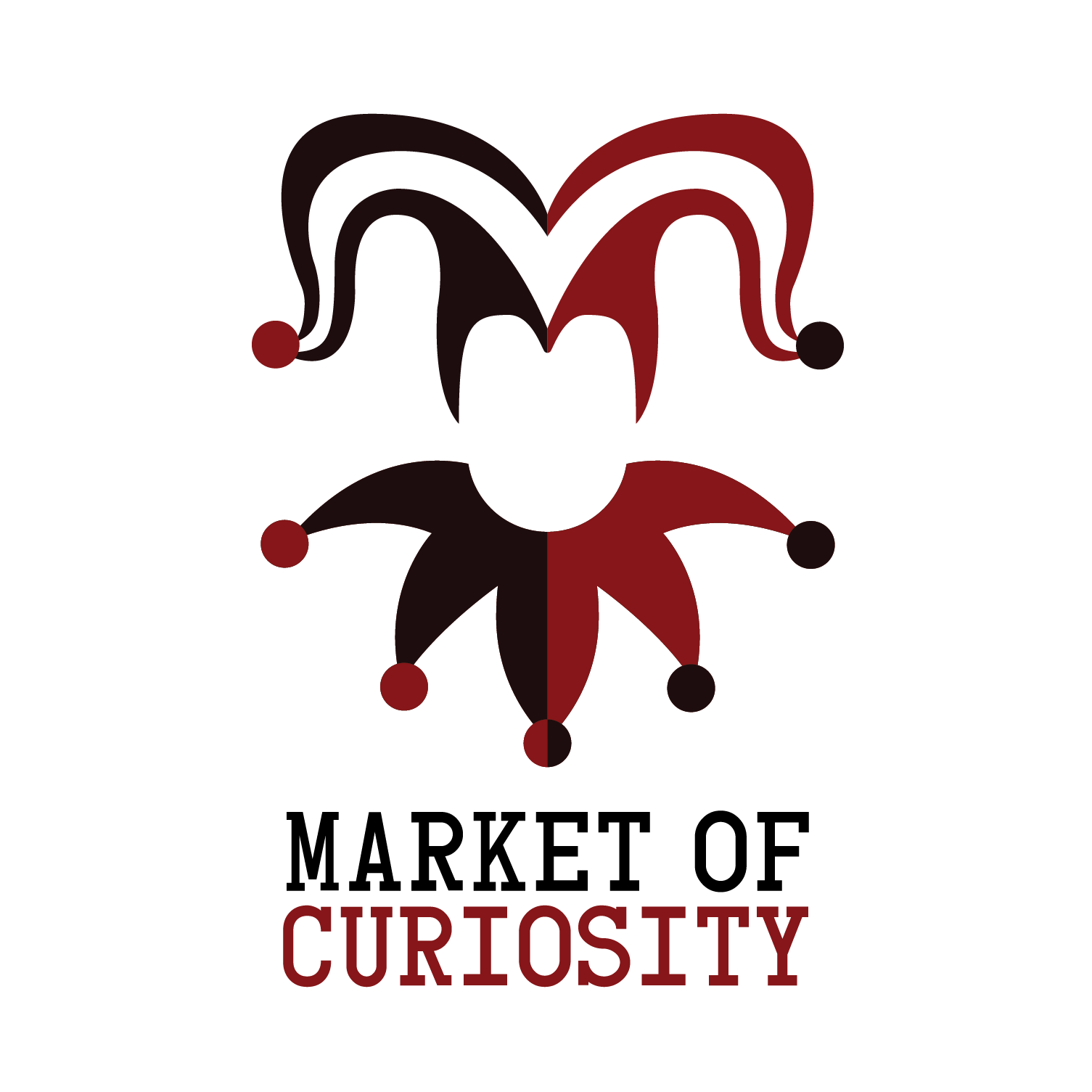 A stylized logo with a jester's hat and a half-jester's face, in dark red and black colors, with the words ' MARKET OF CURIOSITY' written below in bold red letters.