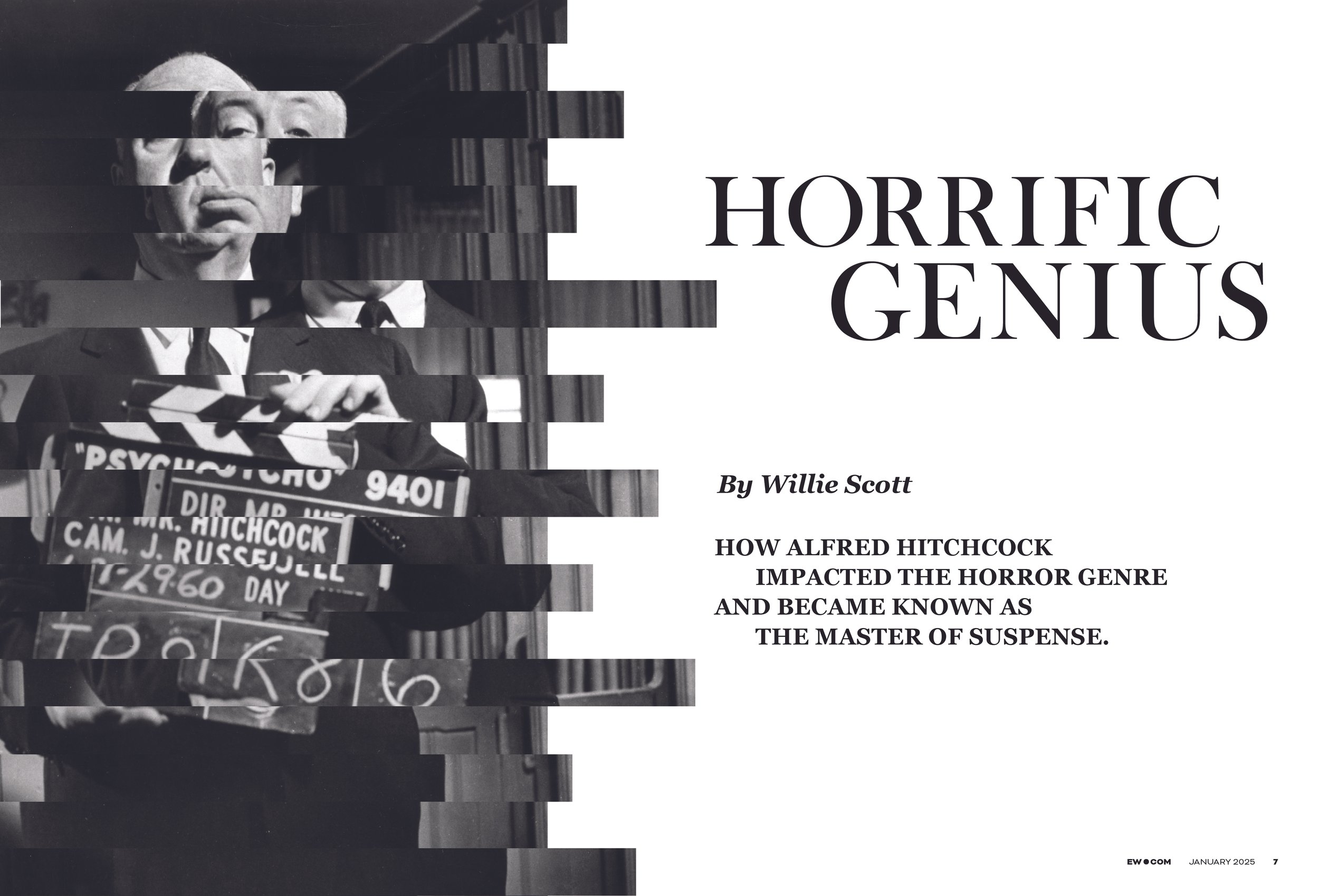 Black and white photo of Alfred Hitchcock holding a mug shot board with the text "PSYCHO" and other details. The photo is artistically glitched with horizontal digital distortions. To the right, the title 'Horrific Genius' and the subtitle 'By Willie