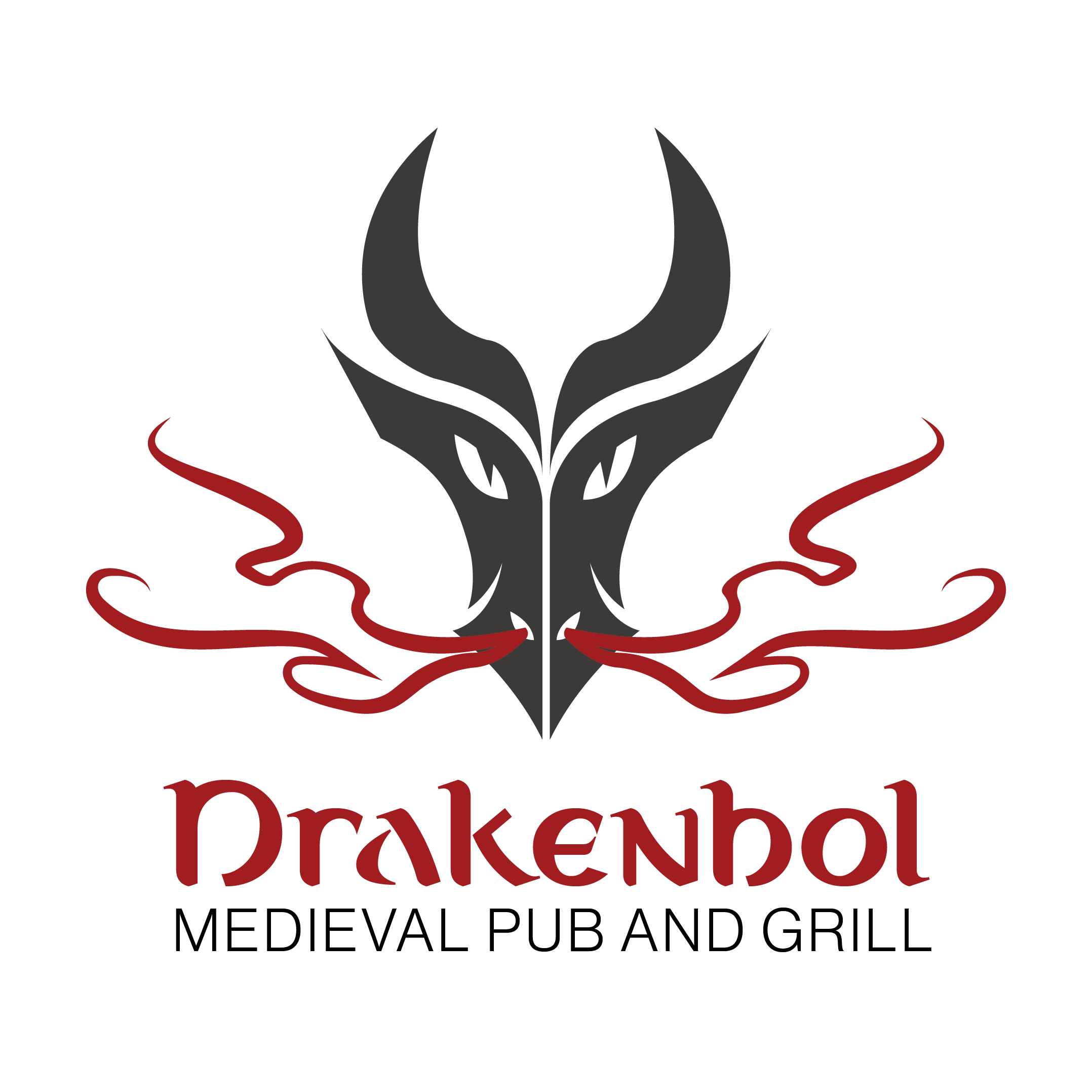 A stylized black and red dragon logo with the word "Drakenbol" written below in red font.