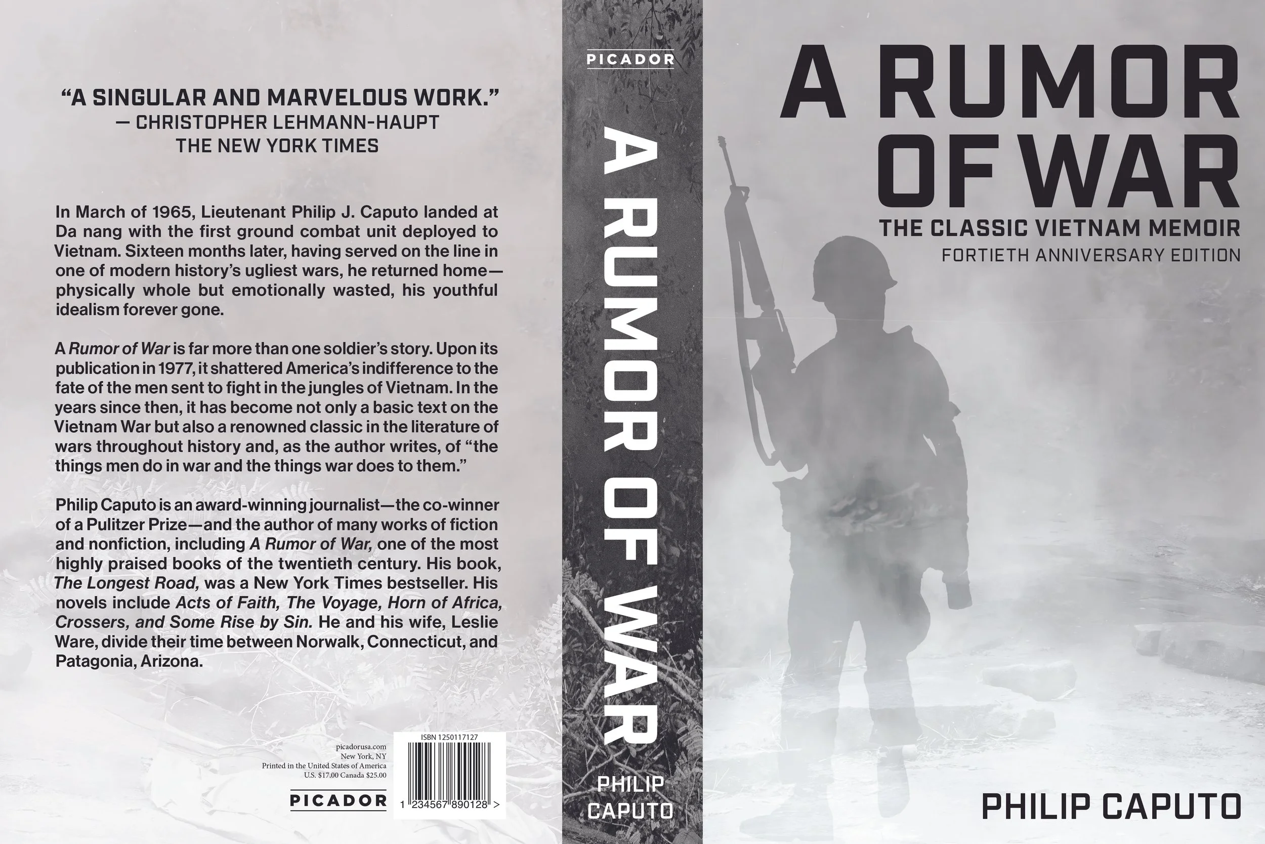 Book cover for "A Rumor of War" by Philip Caputo, featuring a silhouette of a soldier carrying a rifle in a foggy landscape with a gray and black color scheme.