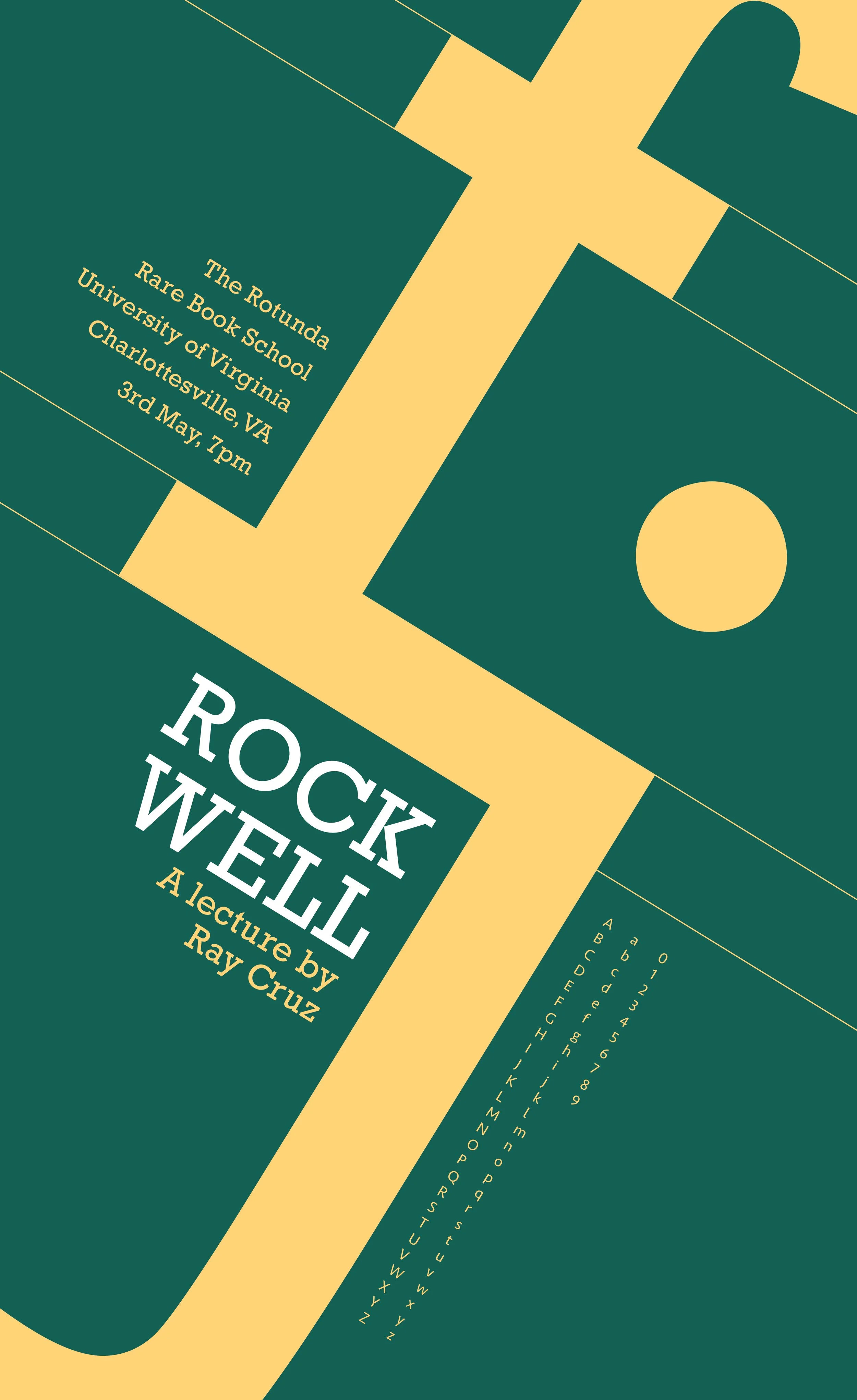 Book cover titled 'Rockwell' with a yellow f and j green background, displaying an event at The Rotunda, Rare Book School, University of Virginia, Charlottesville, VA, on May 3rd at 7pm, and a subtitle 'A lecture by Ray Cruz'.
