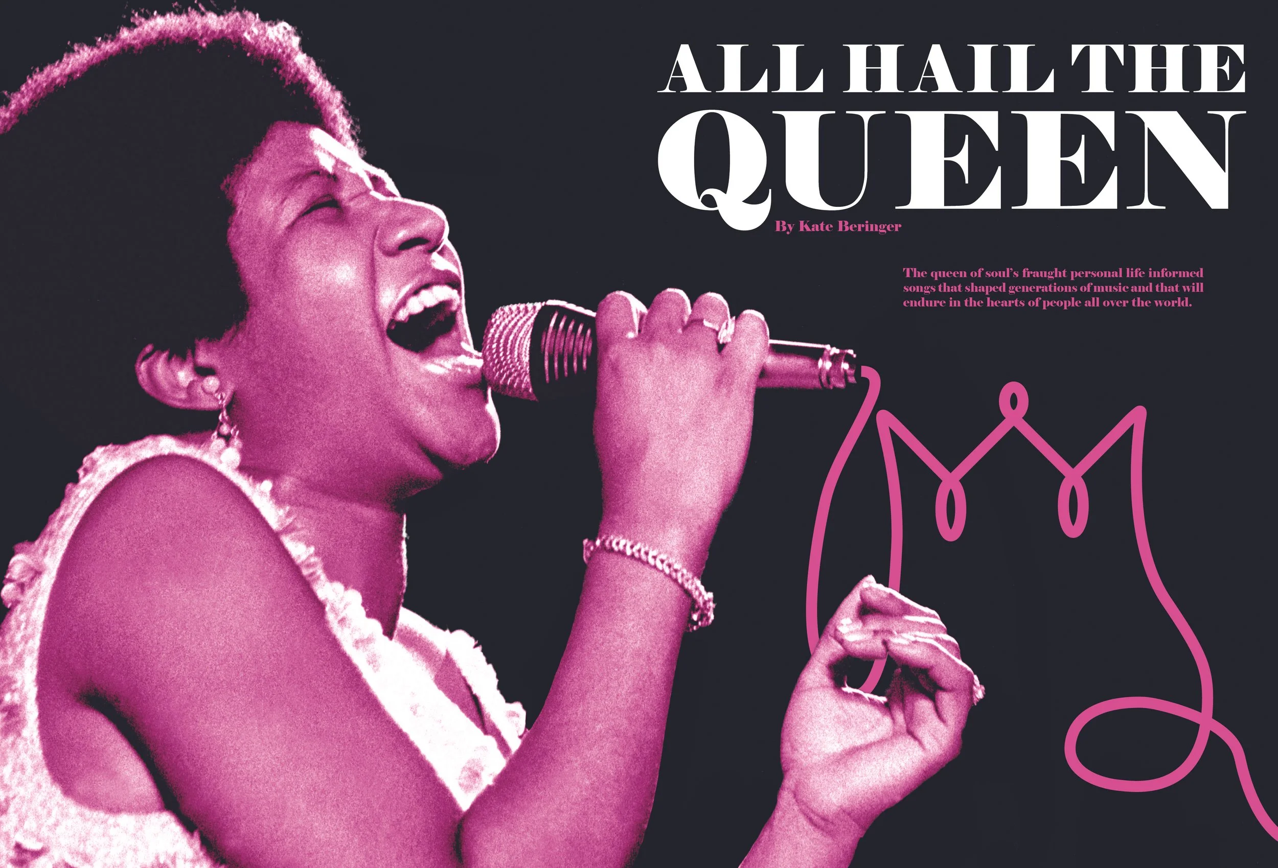 Poster of Aretha Franklin singing with a microphone, with the title "All Hail the Queen" by Kate Beringer and pink graphic elements on a dark background.