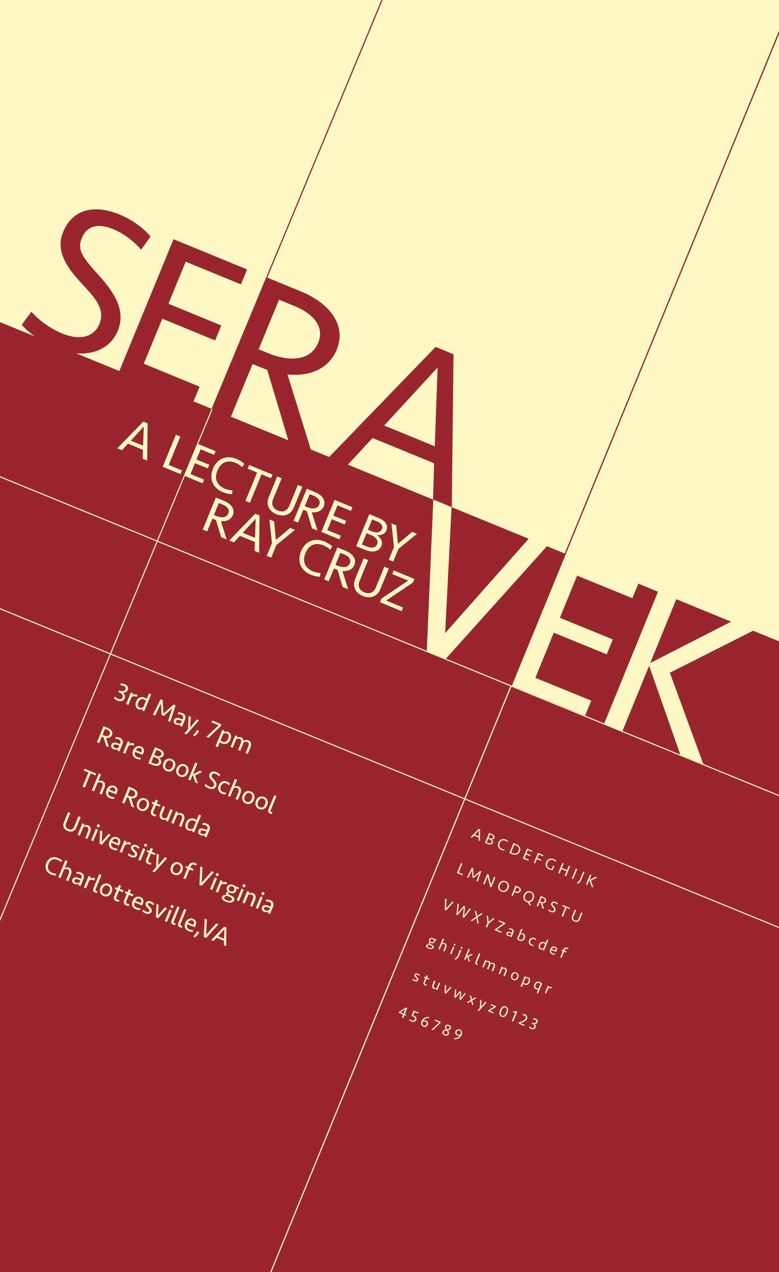 Event poster for a lecture titled 'Seravek' by Ray Cruz, scheduled for May 3rd at 7 pm at Rare Book School, The Rotunda, University of Virginia, Charlottesville VA. The poster includes alphabet samples and geometric design.