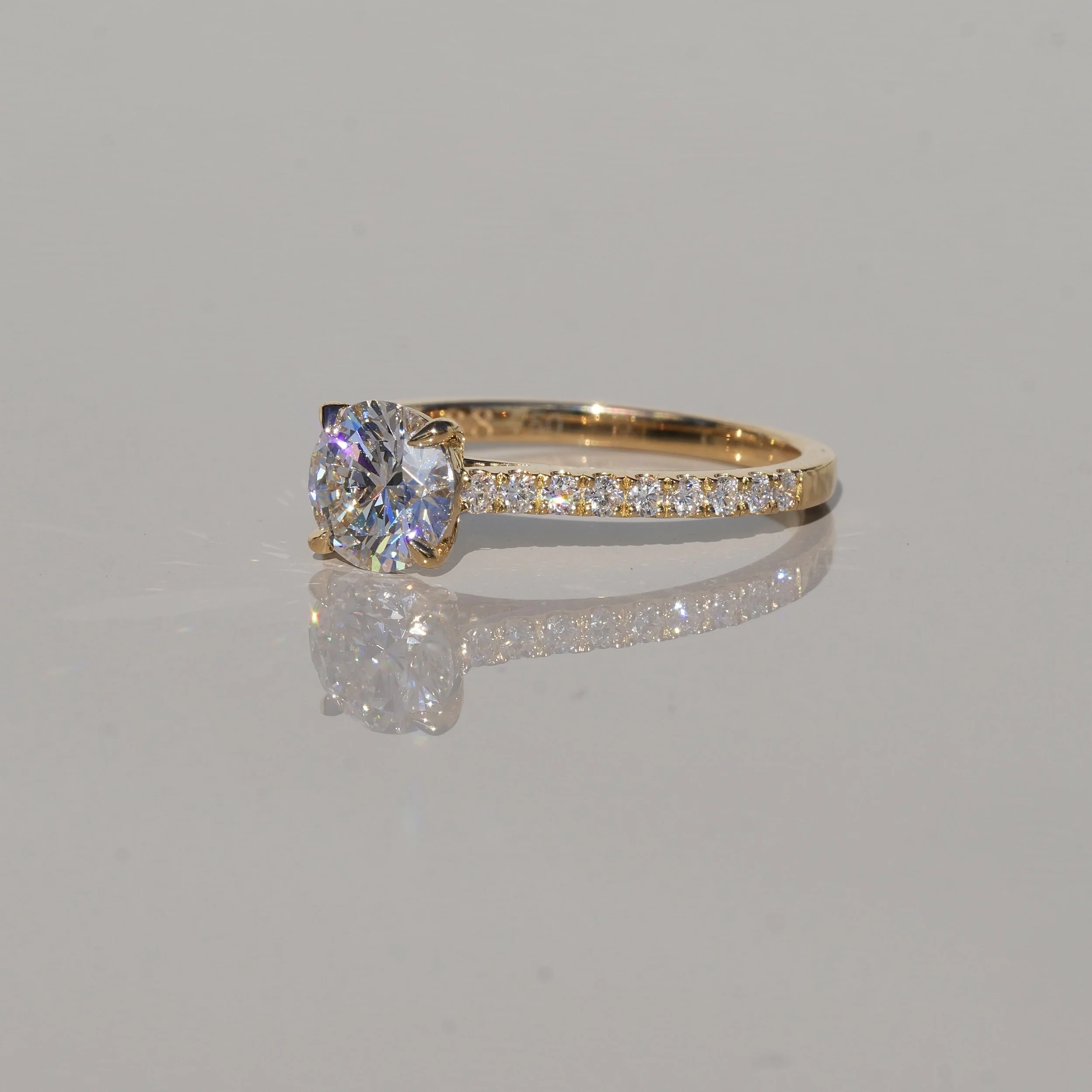 1ct Round Brilliant Cut Diamond Engagement Ring with Diamond Band in 18ct Yellow Gold –Side View | Eighty8Diamonds