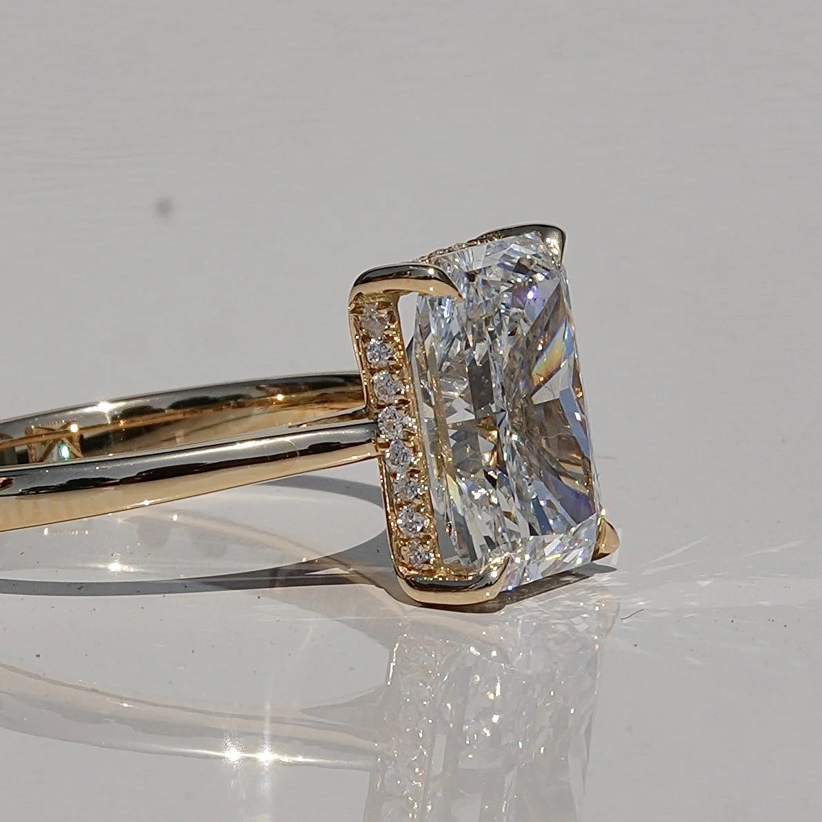3ct Radiant Cut Diamond Solitaire Engagement Ring with Hidden Halo  in 18ct Yellow Gold – Box View | Eighty8Diamonds