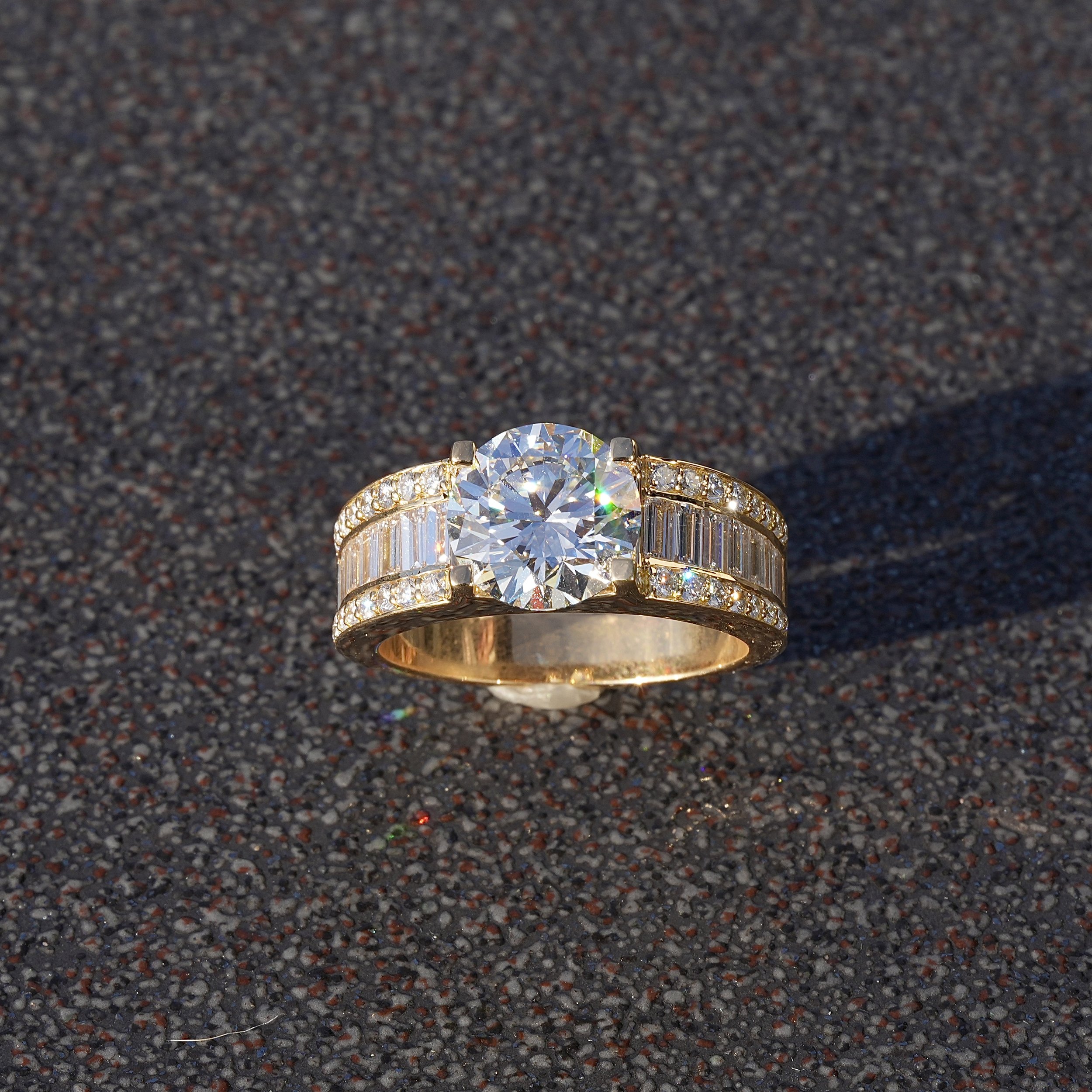 Men's Diamond Ring with Baguette and Pave Shoulders 18ct Yellow Gold with 6.8ct Diamond, IGI Certified –Angeled View | Eighty8Diamonds