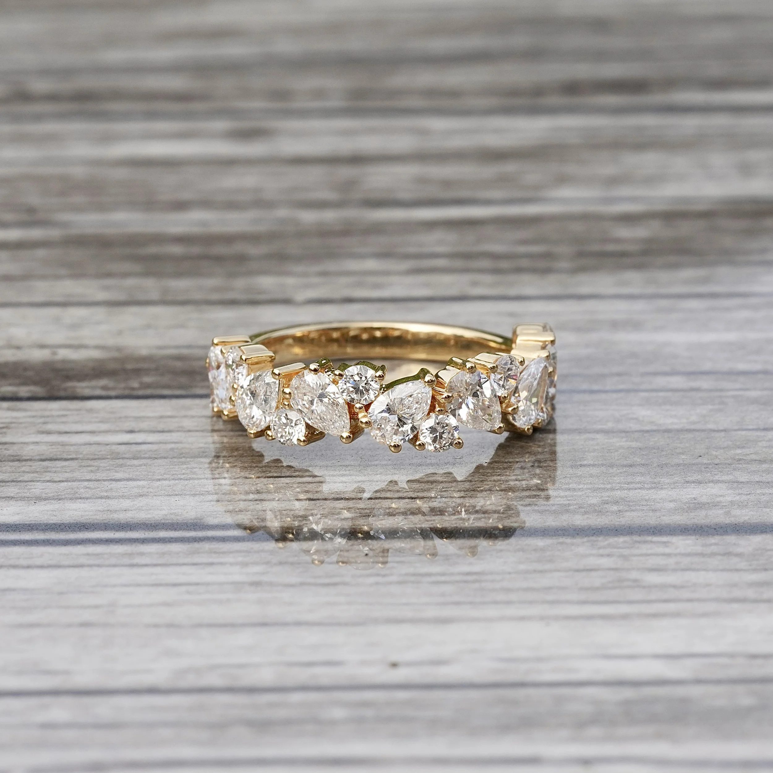Half Eternity Wedding Ring with Pear and Round Cut Diamonds in 18ct Yellow Gold, Total Carat Weight 2ct –Front View | Eighty8Diamonds