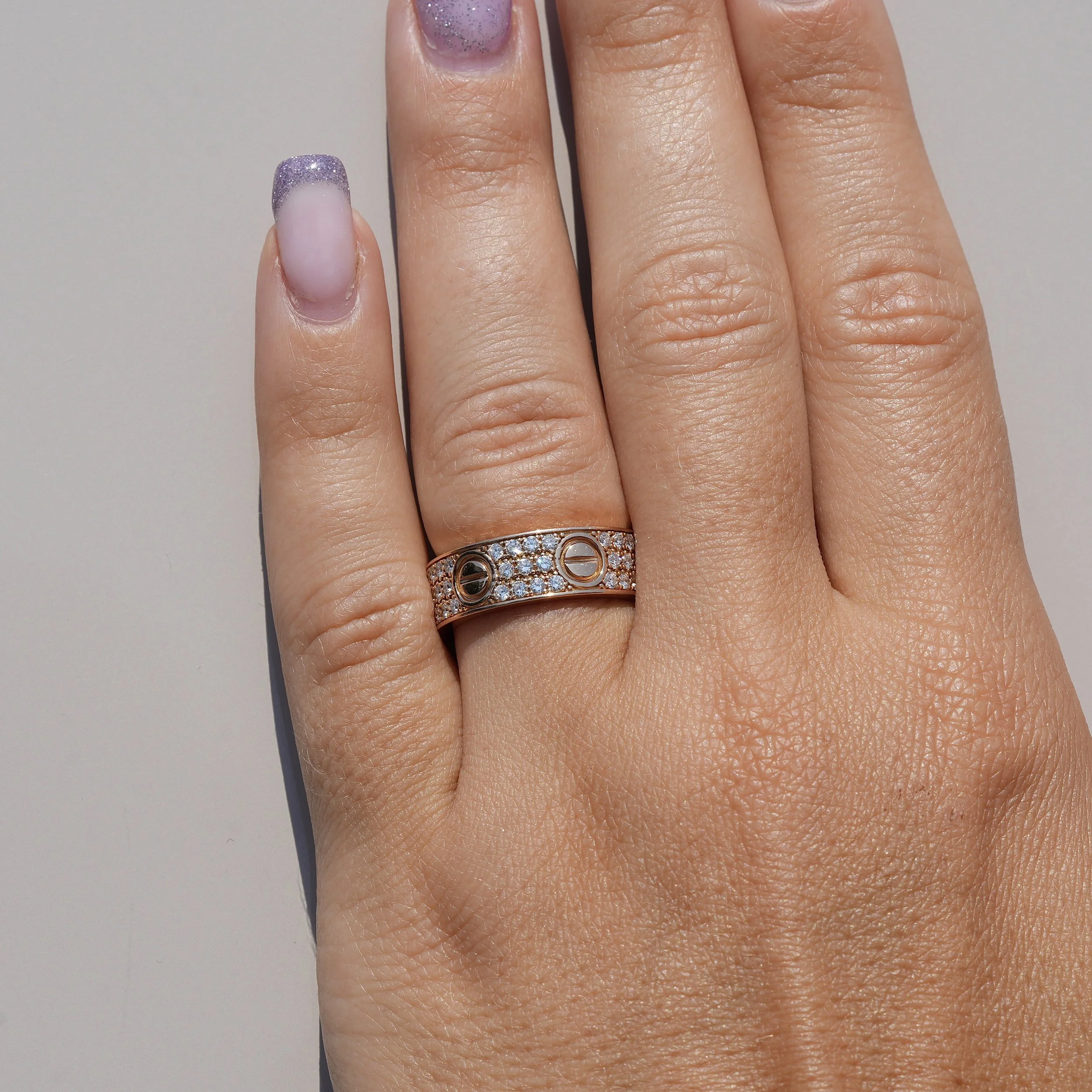 Women's Love Design Pave Classic Model Ring in 18ct Rose Gold with 0.70ct Lab Grown Diamonds – Hand View | Eighty8Diamonds