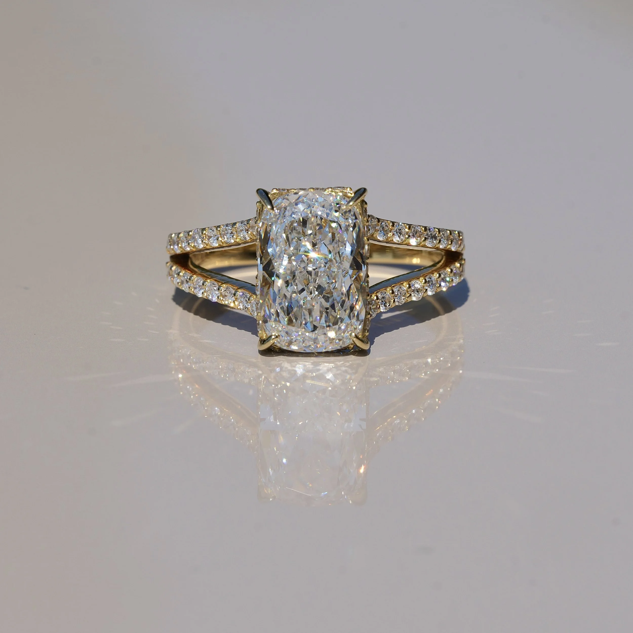 Cushion Cut 3ct Diamond Engagement Ring with Pavé Split Band in 18ct Yellow Gold, Total Carat Weight 3.6ct – Box View | Eighty8Diamonds