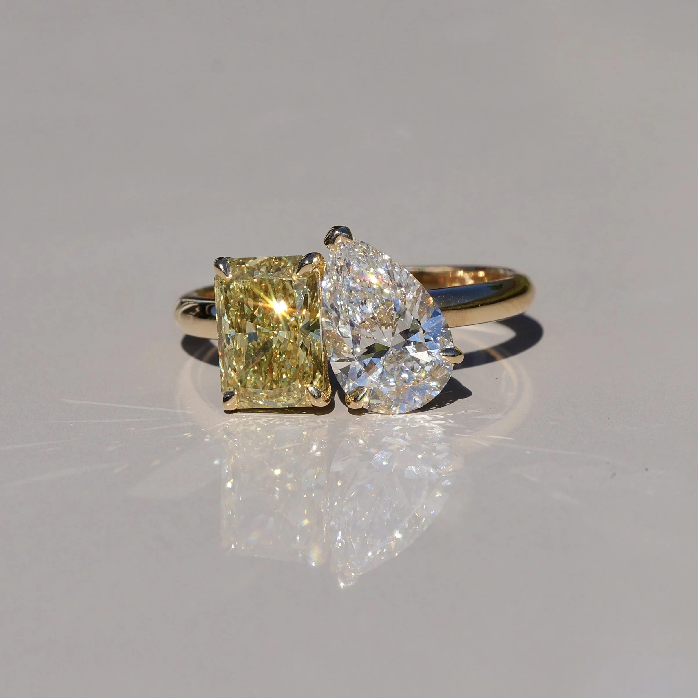 3.00ct Toi et Moi Ring - Pear Diamond & Fancy Intense Yellow Radiant Diamond | 18K Yellow Gold
