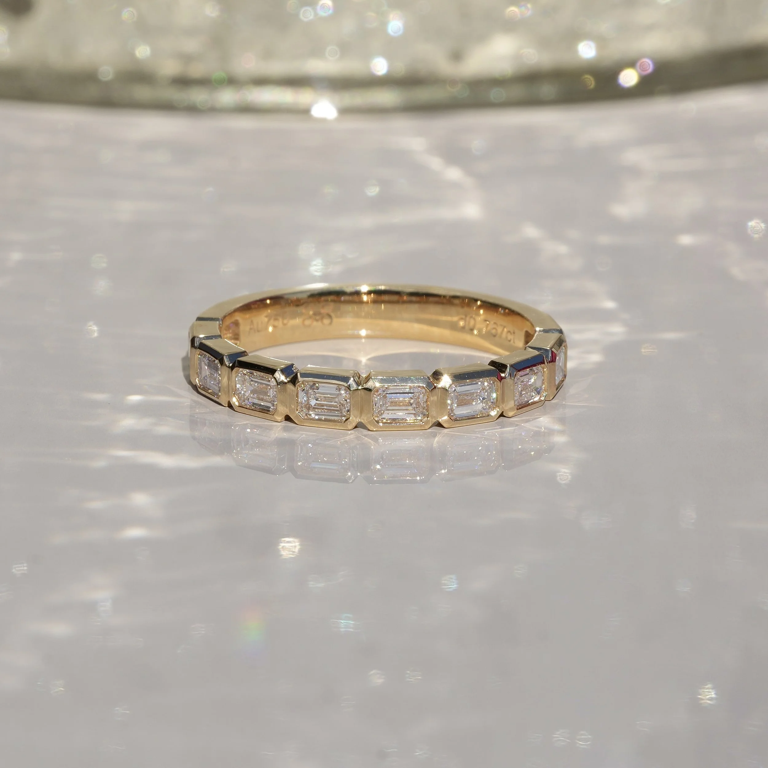 Emerald Cut Diamond Bezel Setting Half Eternity Band | 18K Yellow Goldwith 0.80ct  Diamonds –Box View | Eighty8Diamonds