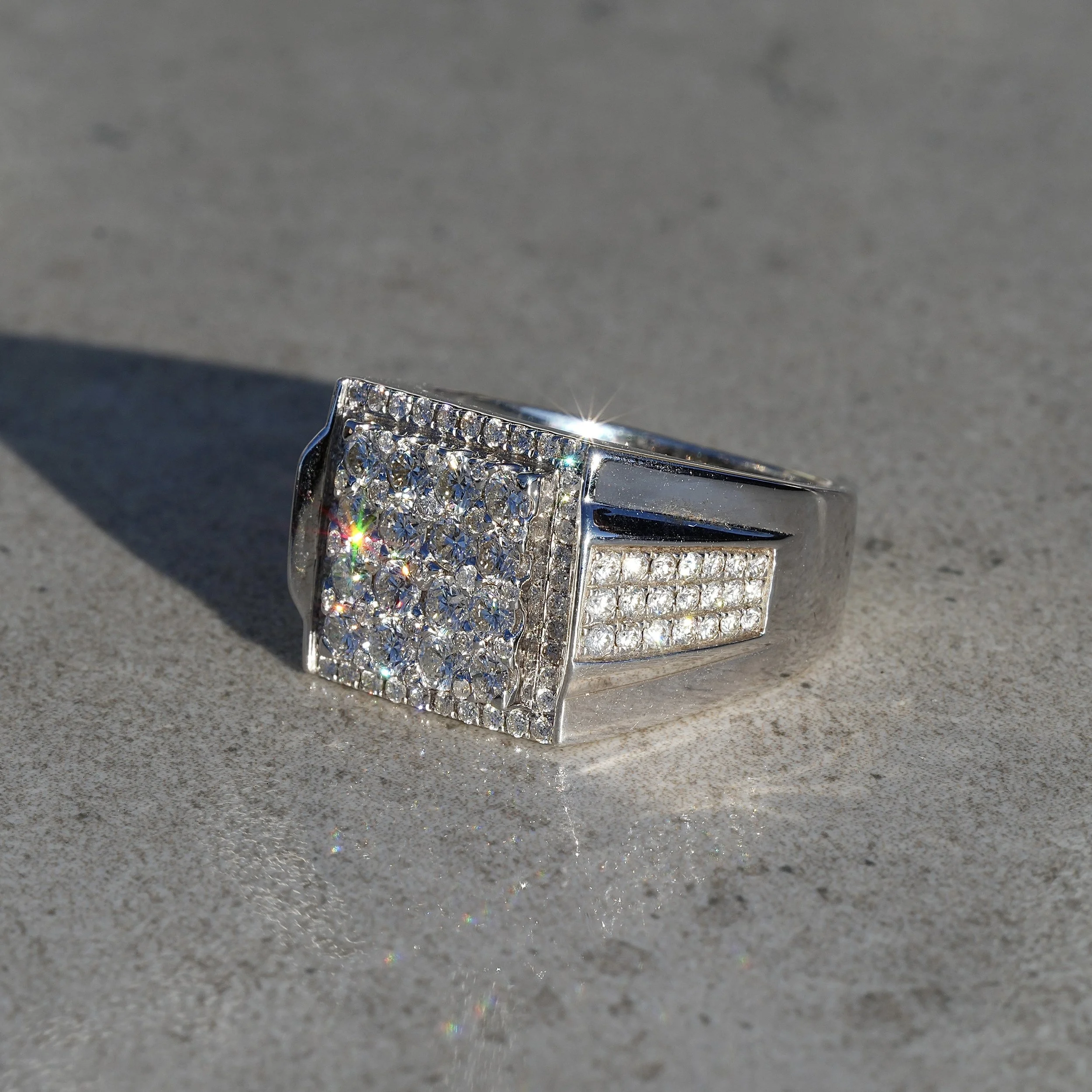 Men's White Gold Diamond Ring in 18ct White Gold with 2.70ct Natural Diamonds – Side View | Eighty8Diamonds