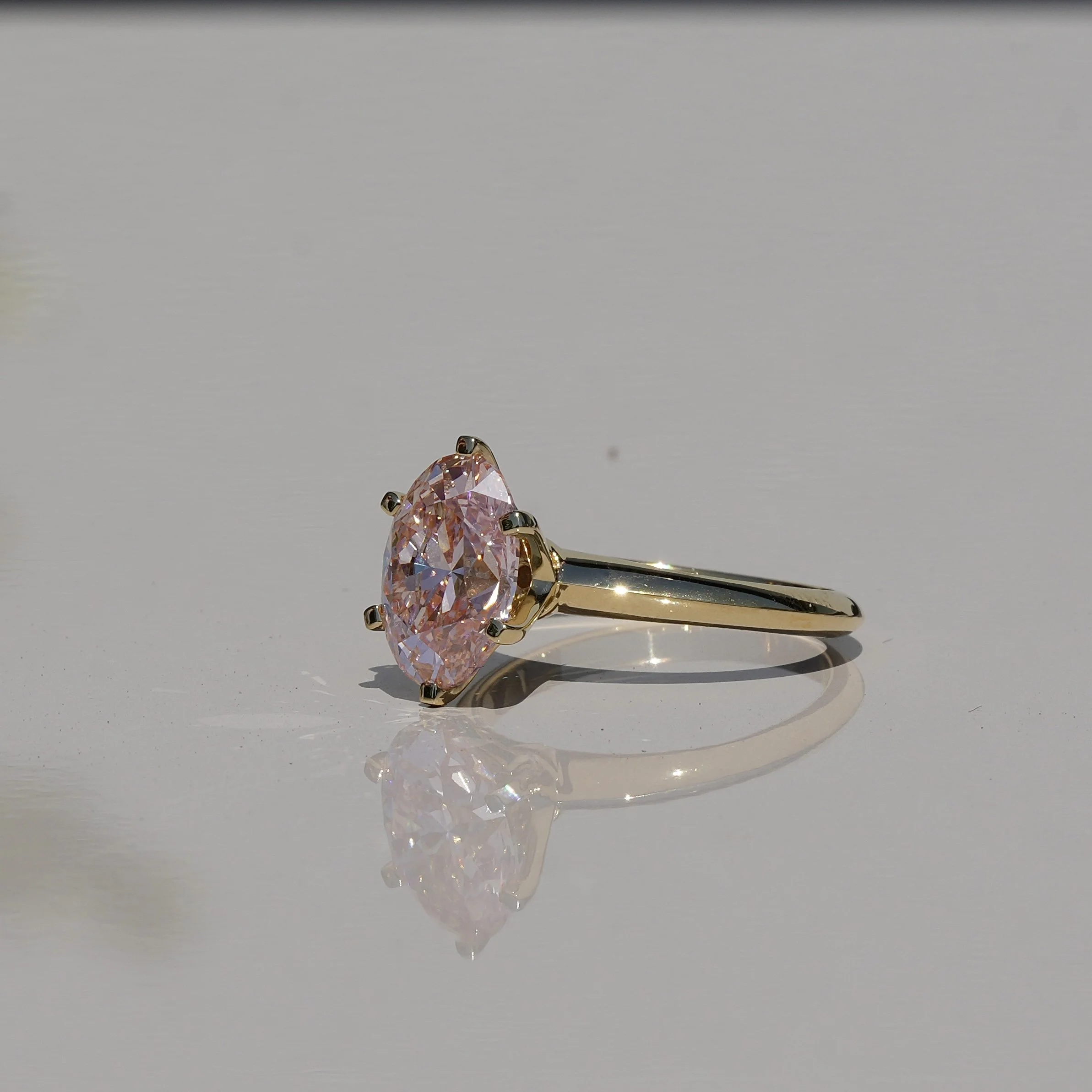 3ct Oval Cut Pink Diamond Engagement Ring  Flower Setting in 18ct Yellow Gold - Back View |