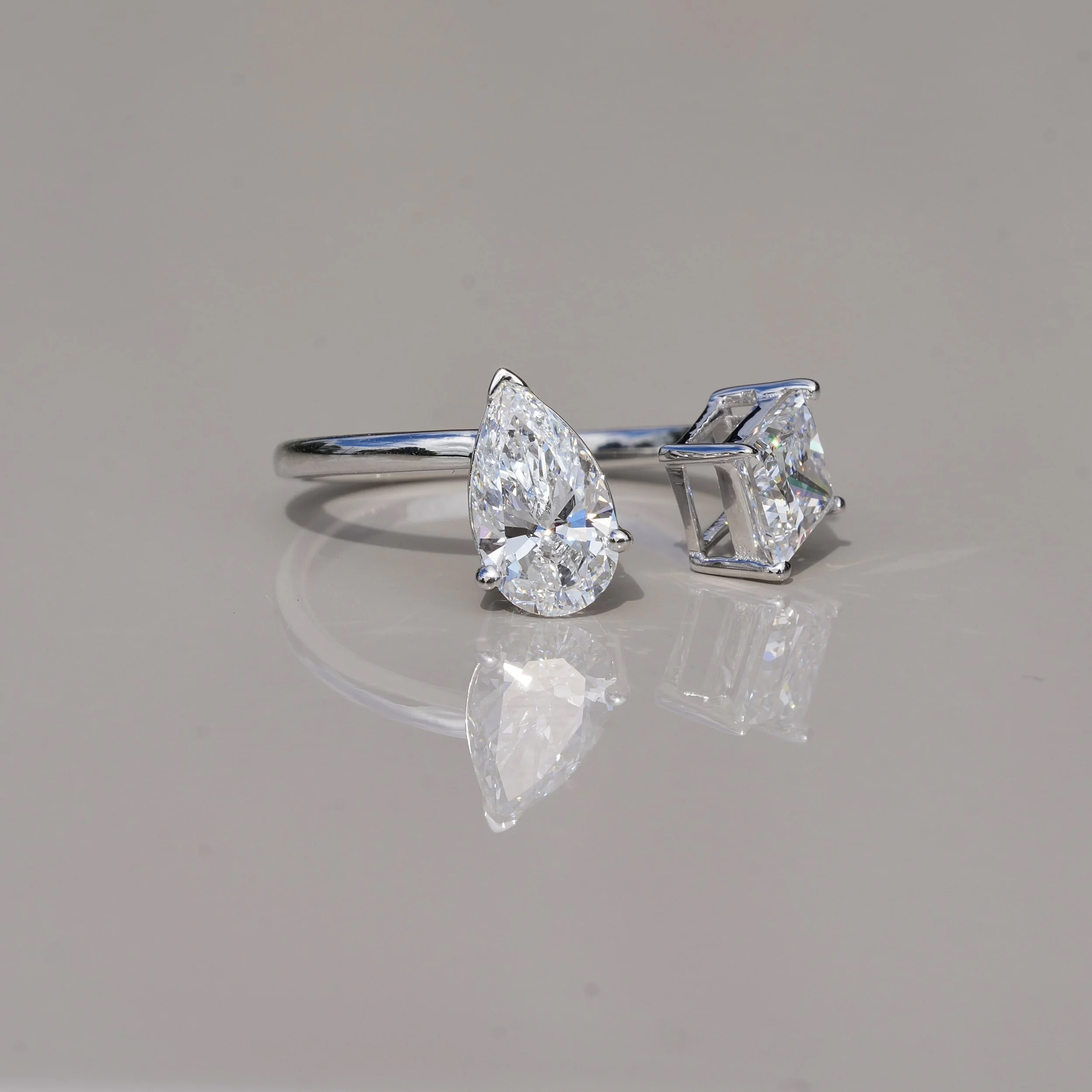 Toi et Moi Ring with 0.80ct Princess Cut Diamond and 0.80ct Pear Cut Diamond in 18ct White Gold, Total Carat Weight 1.60ct – Back View | Eighty8Diamonds