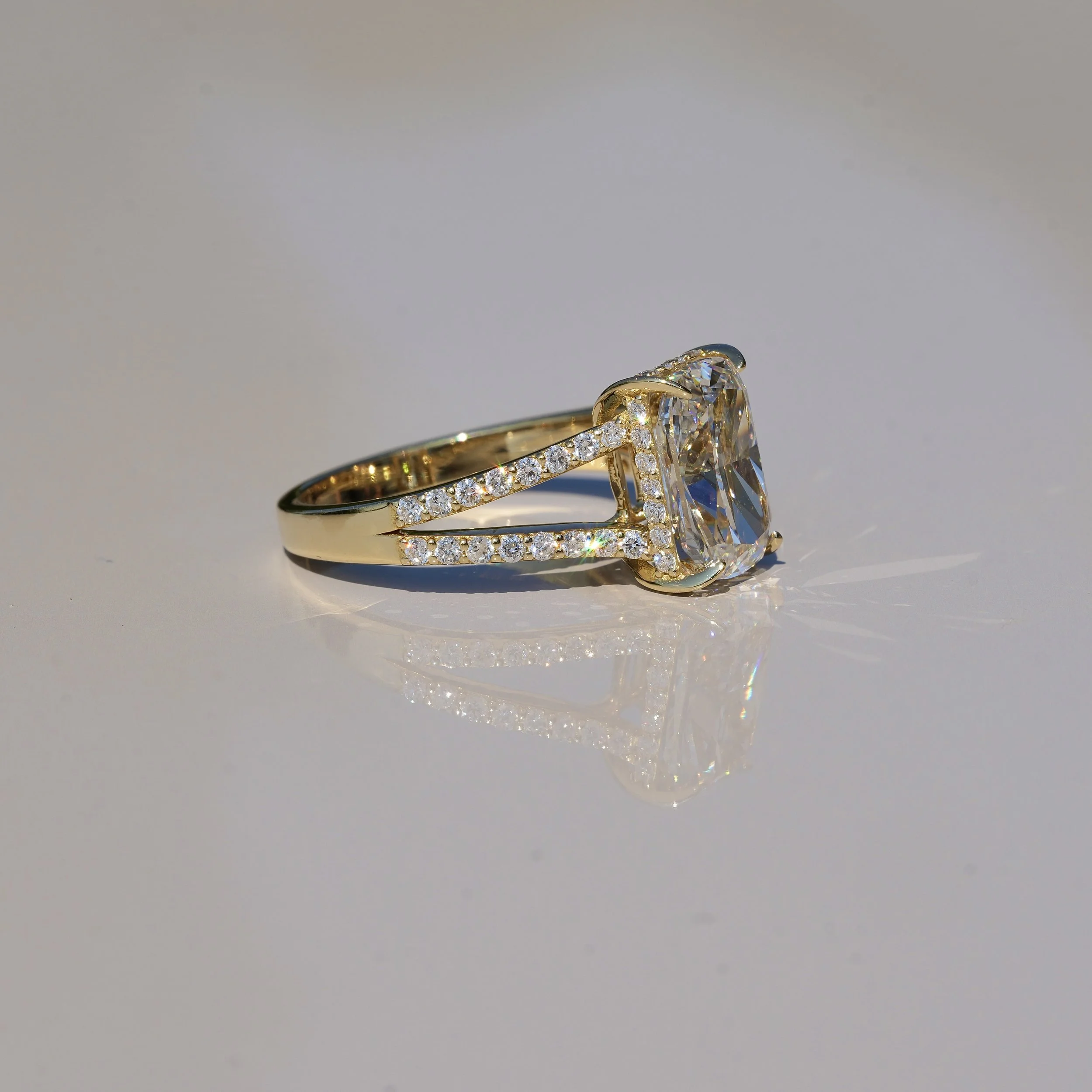 Cushion Cut 3ct Diamond Engagement Ring with Pavé Split Band in 18ct Yellow Gold, Total Carat Weight 3.6ct – Back View | Eighty8Diamonds