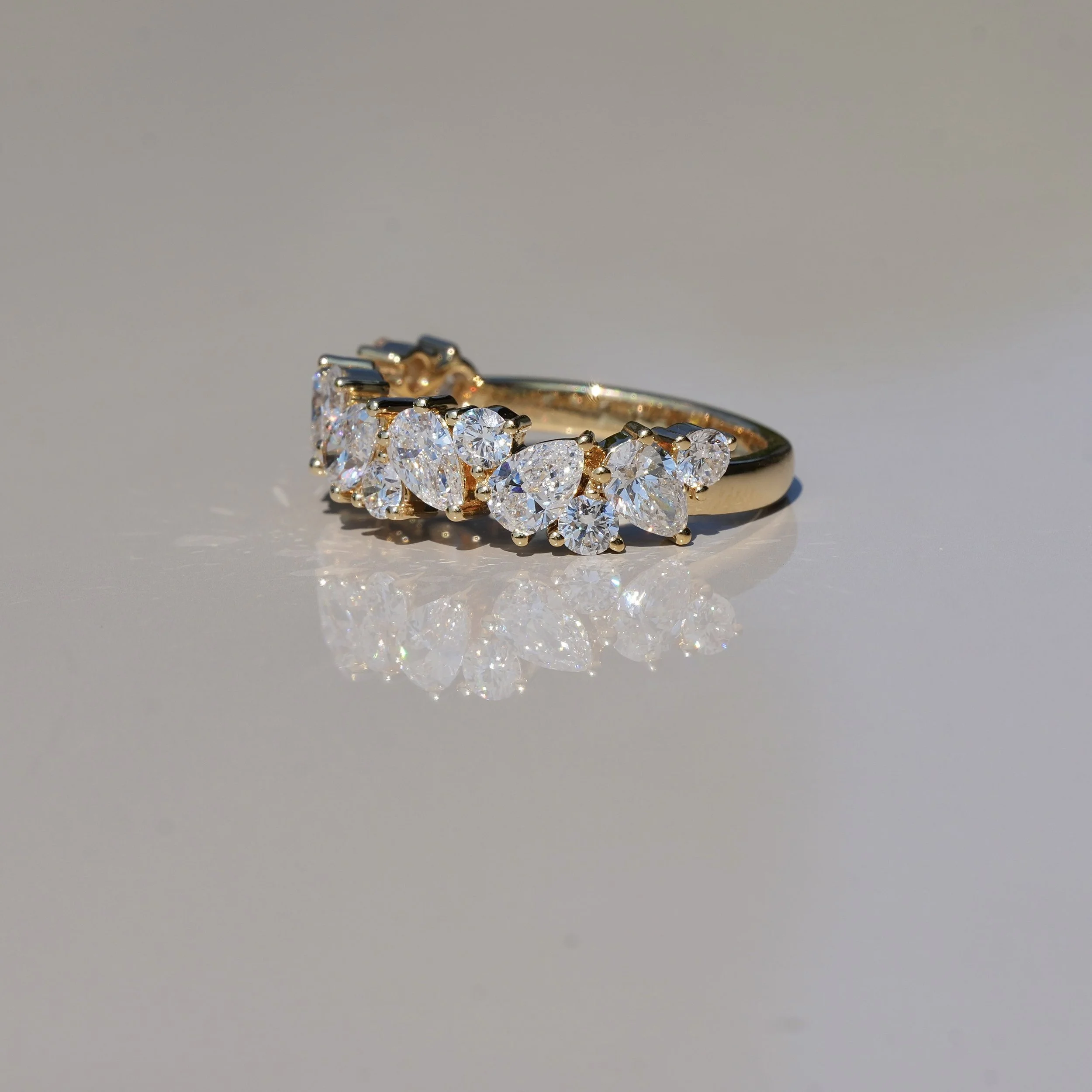 Half Eternity Wedding Ring with Pear and Round Cut Diamonds in 18ct Yellow Gold, Total Carat Weight 2ct –Front View | Eighty8Diamonds
