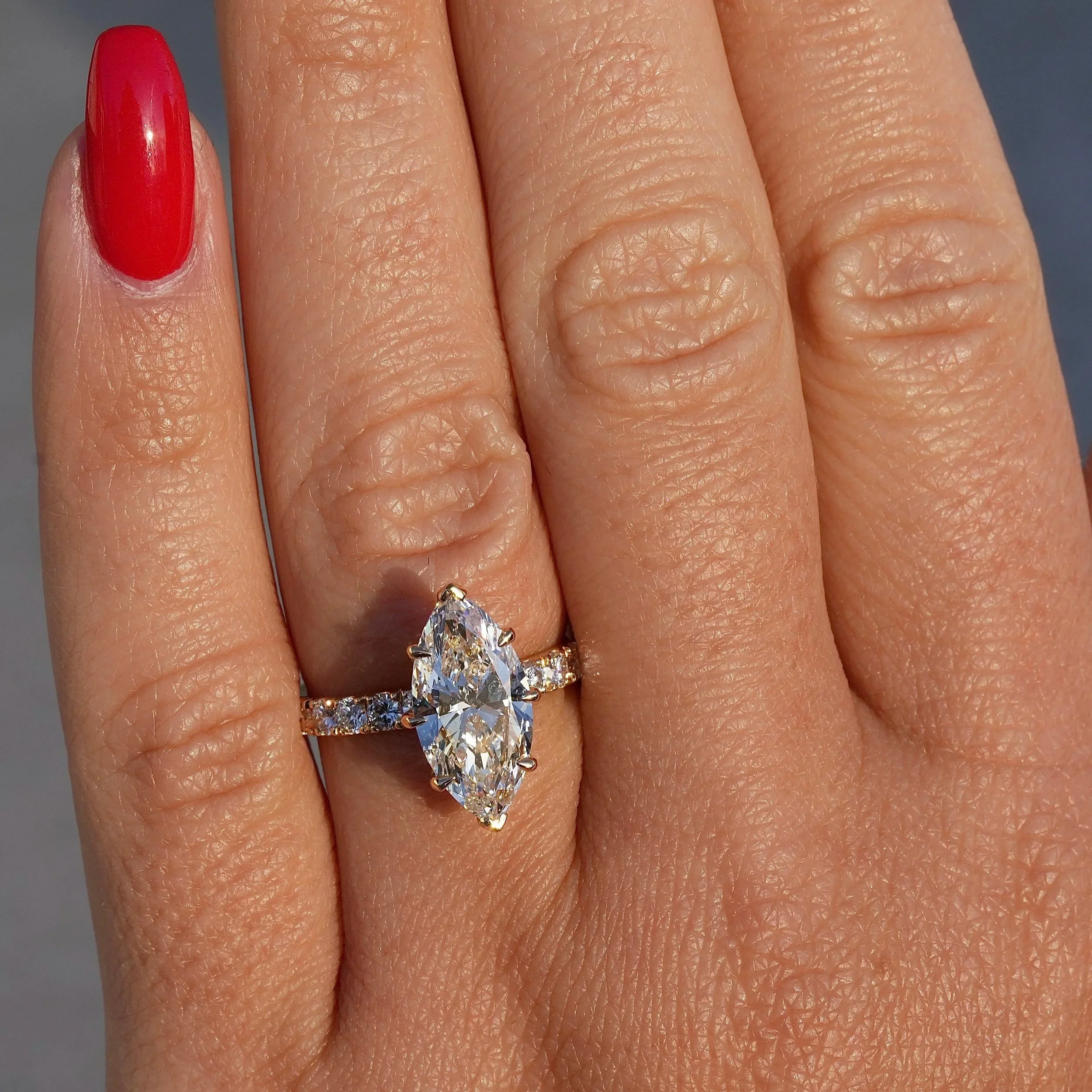 3ct Marquise Cut Diamond Engagement Ring with Diamond Band in 18ct Yellow Gold – Hand View | Eighty8Diamonds