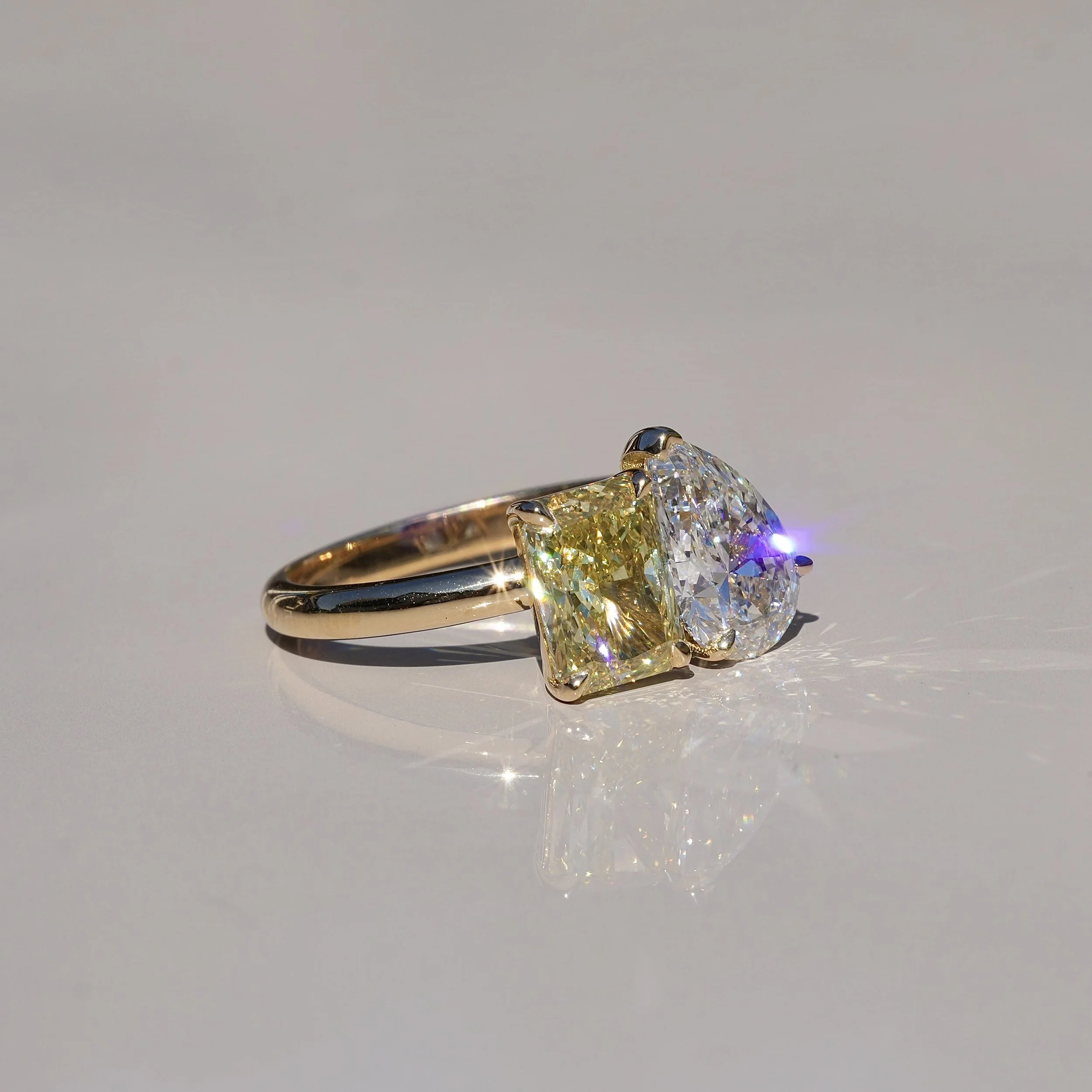 Toi et Moi Ring with 1.5ct Fancy Intense Yellow Radiant Cut Diamond and 1.5ct Pear Cut Diamond in 18ct Yellow Gold, Total Carat Weight 3ct – Back View | Eighty8Diamonds