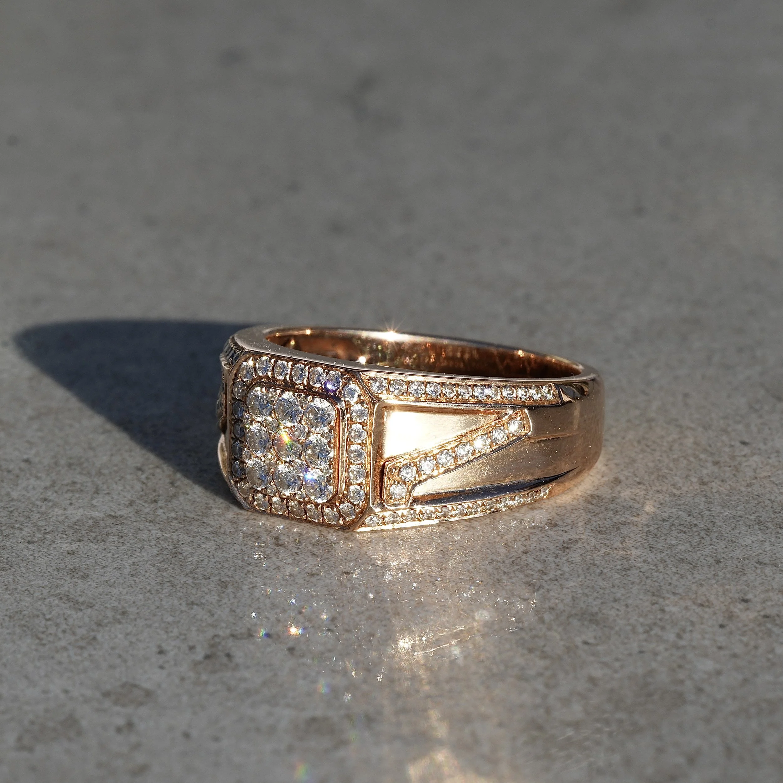 Men's Pave Diamond Rose Gold Ring in 18ct Rose Gold with 1.00ct Natural Diamonds –Side View | Eighty8Diamonds