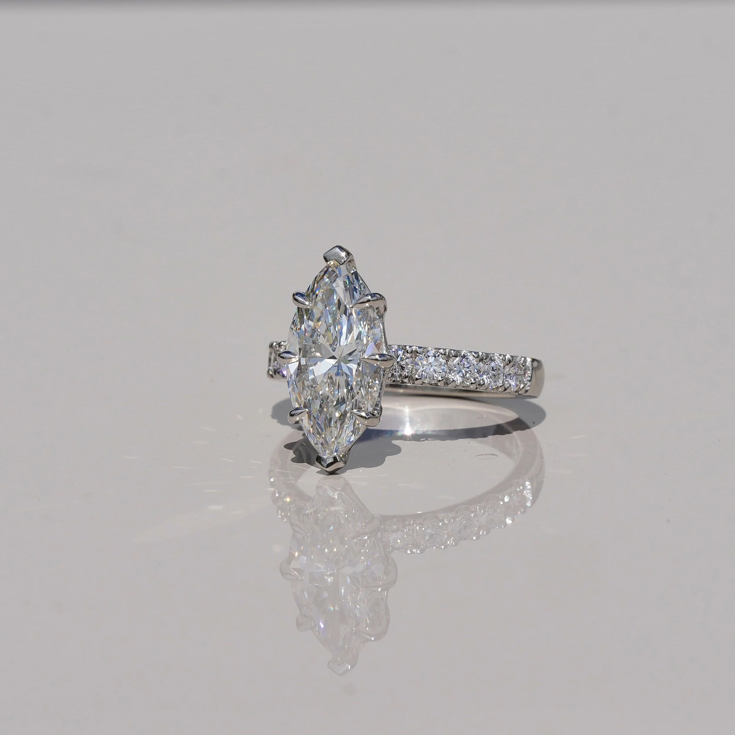 3ct Marquise Cut Diamond Engagement Ring with Diamond Band in Platinum –Side View | Eighty8Diamonds
