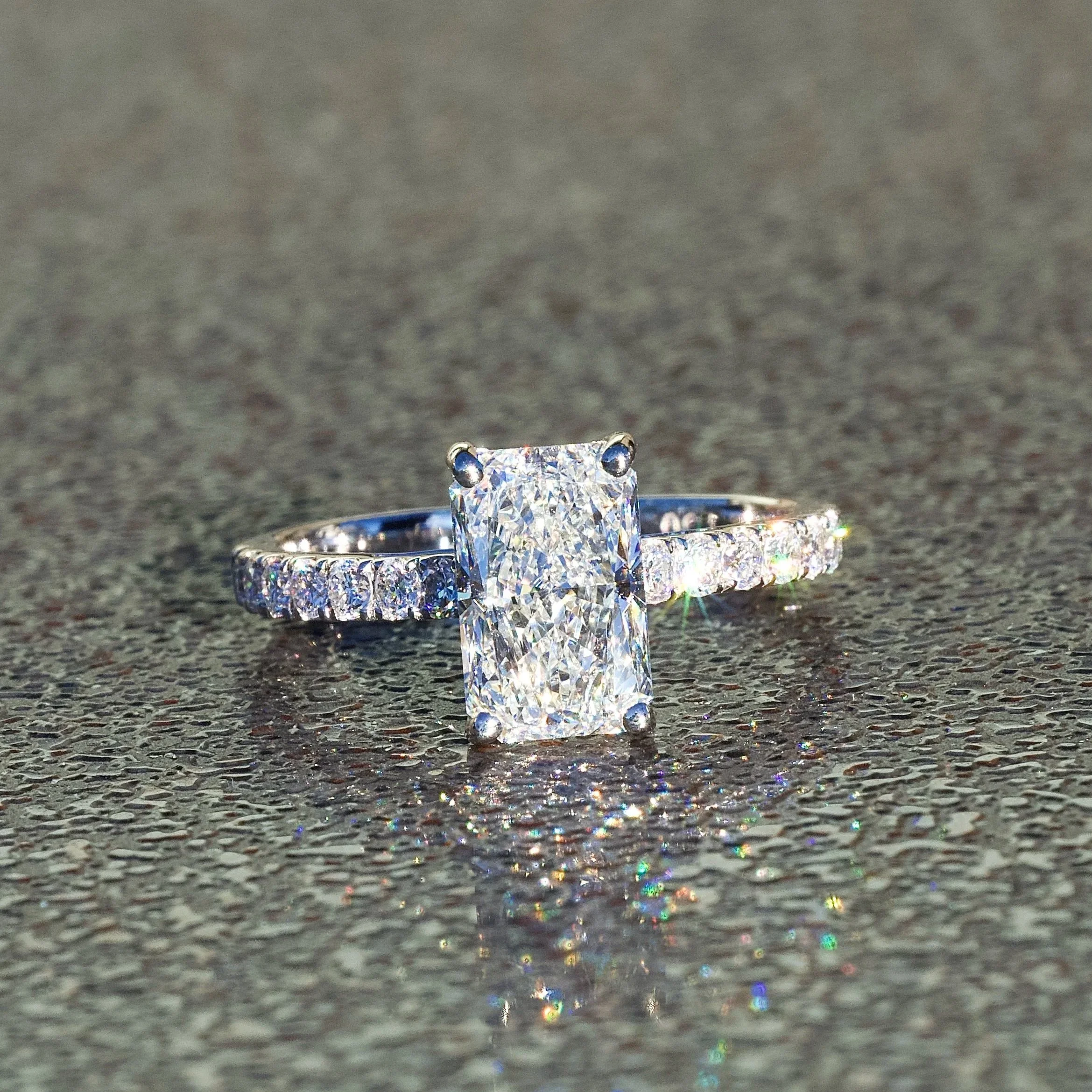 2ct Radiant Cut Diamond Engagement Ring with Diamond Band in 18ct White Gold, Total Carat Weight 2.5ct –Box View | Eighty8Diamonds