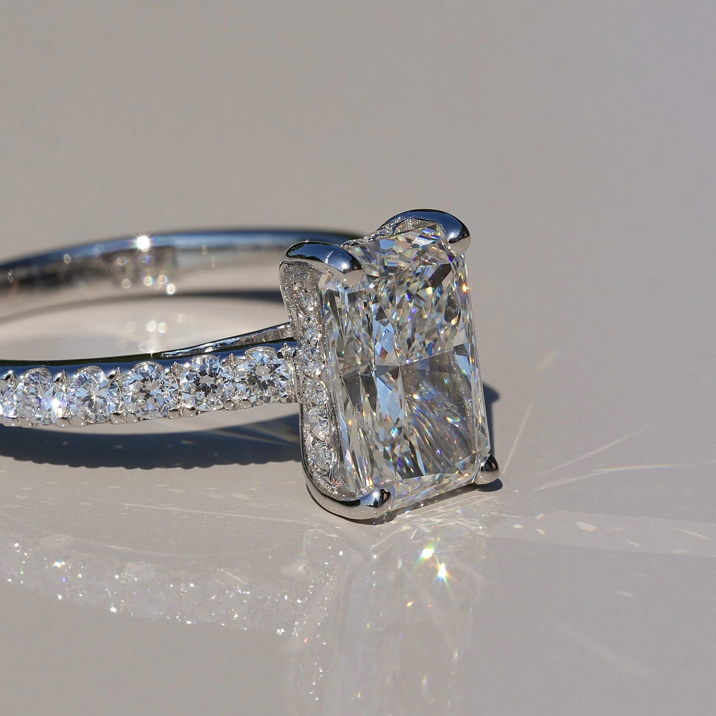 2ct Radiant Cut Diamond Engagement Ring with Diamond Band in 18ct White Gold, Total Carat Weight 2.5ct –Box View | Eighty8Diamonds