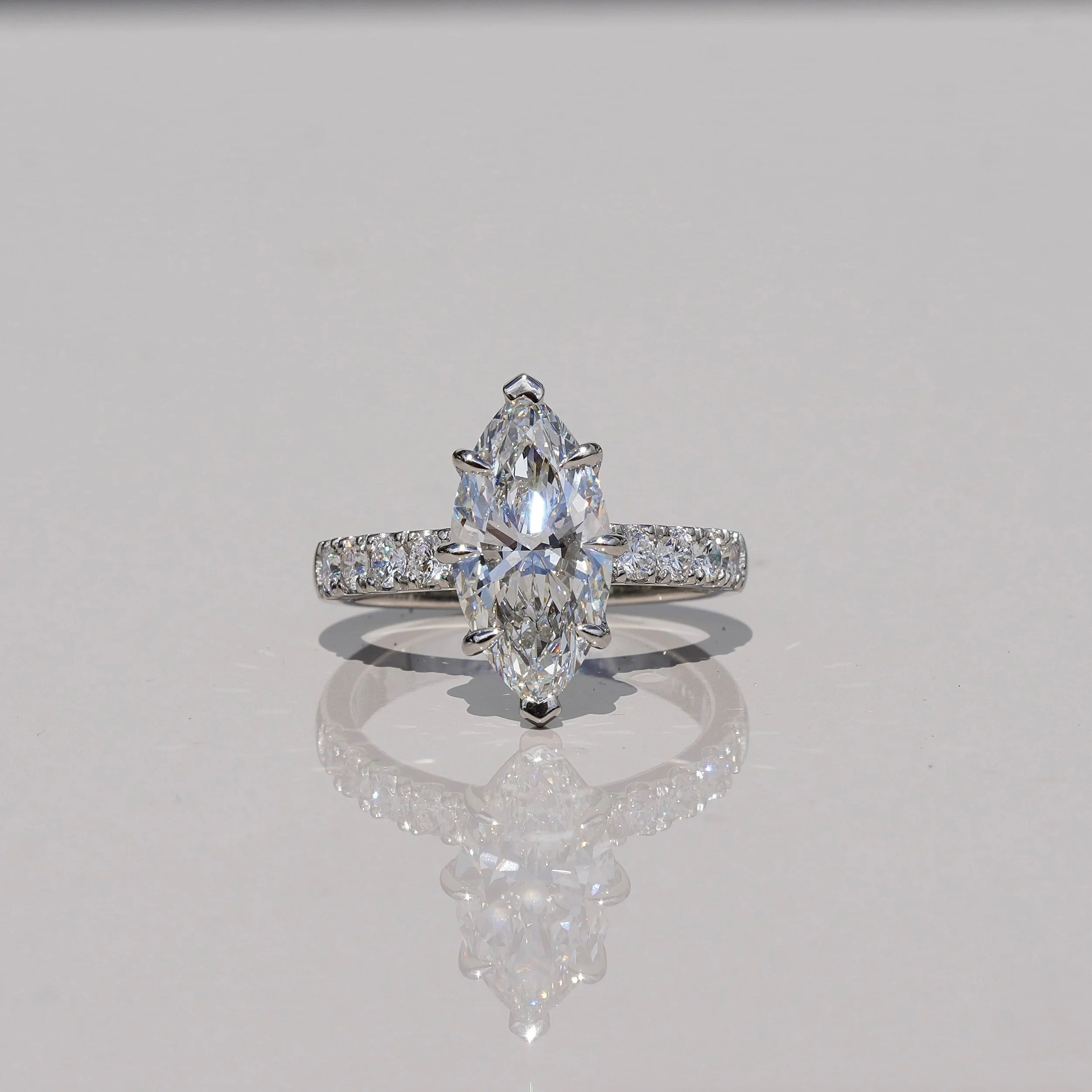 3ct Marquise Cut Diamond Engagement Ring with Diamond Band in Platinum –Front View | Eighty8Diamonds