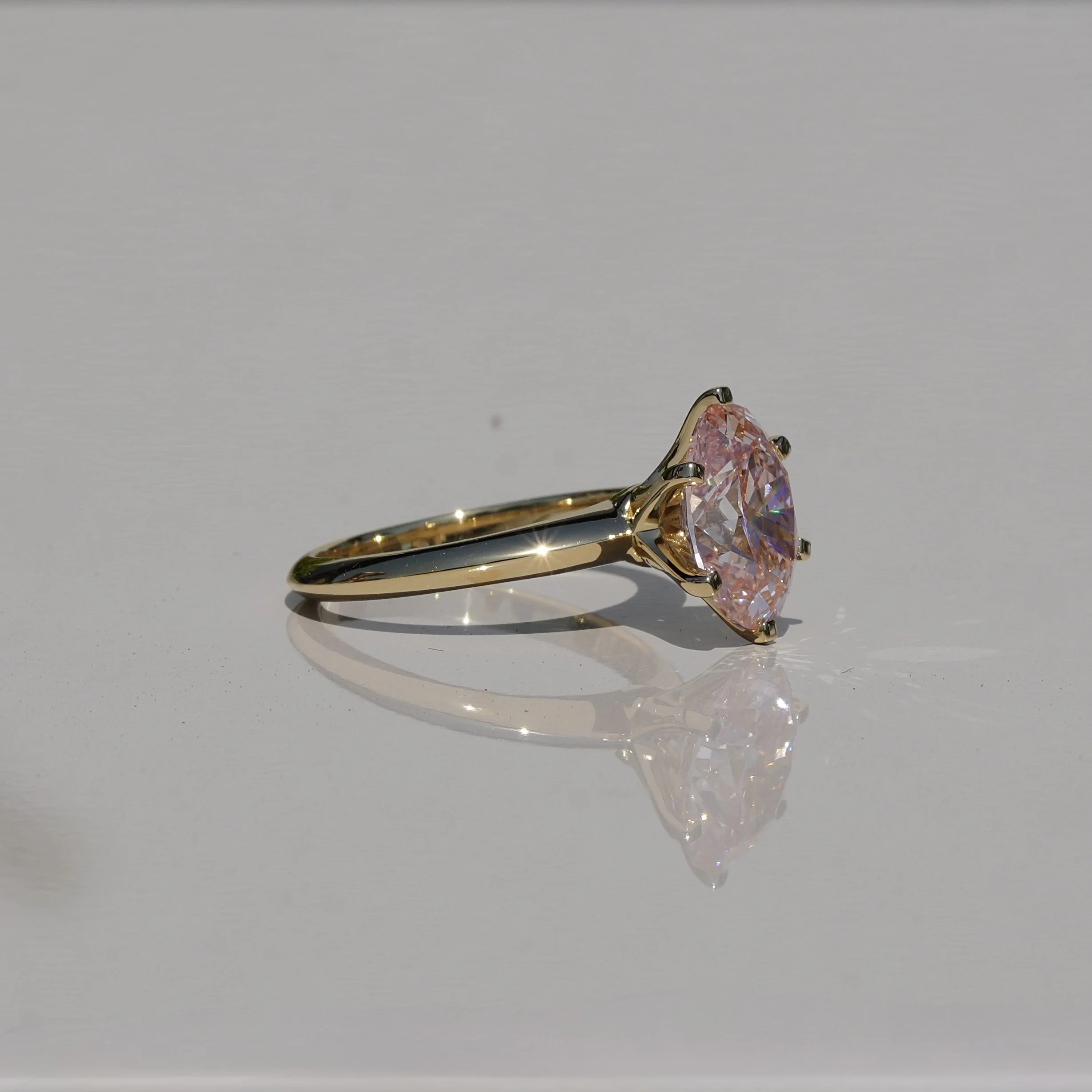 3ct Oval Cut Pink Diamond Engagement Ring  Flower Setting in 18ct Yellow Gold - Front View |