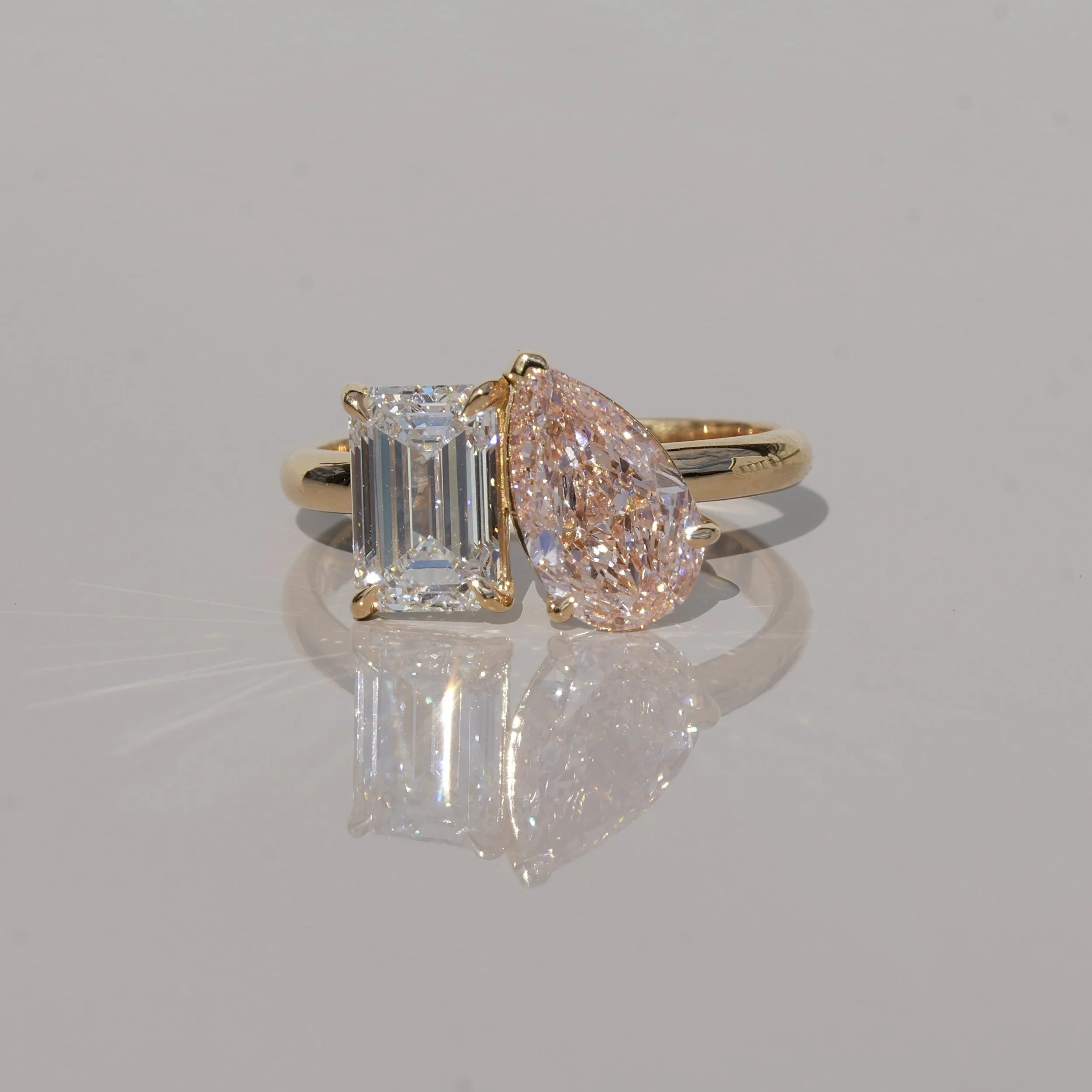 3.00ct Toi et Moi Ring - Emerald Cut Diamond & Fancy Intense Pink Pear Diamond | 18K Yellow Gold
