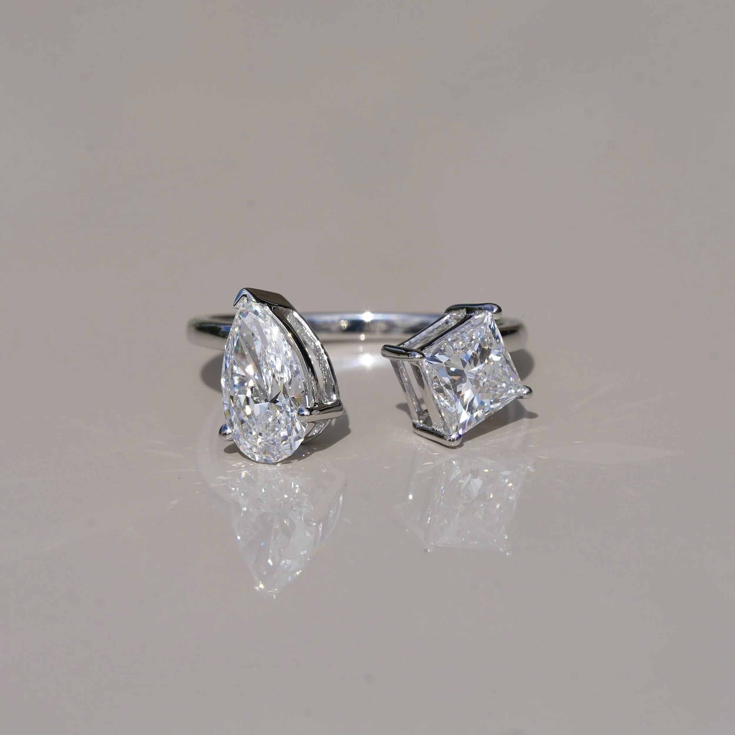 Toi et Moi Ring with 0.80ct Princess Cut Diamond and 0.80ct Pear Cut Diamond in 18ct White Gold, Total Carat Weight 1.60ct – Box View | Eighty8Diamonds