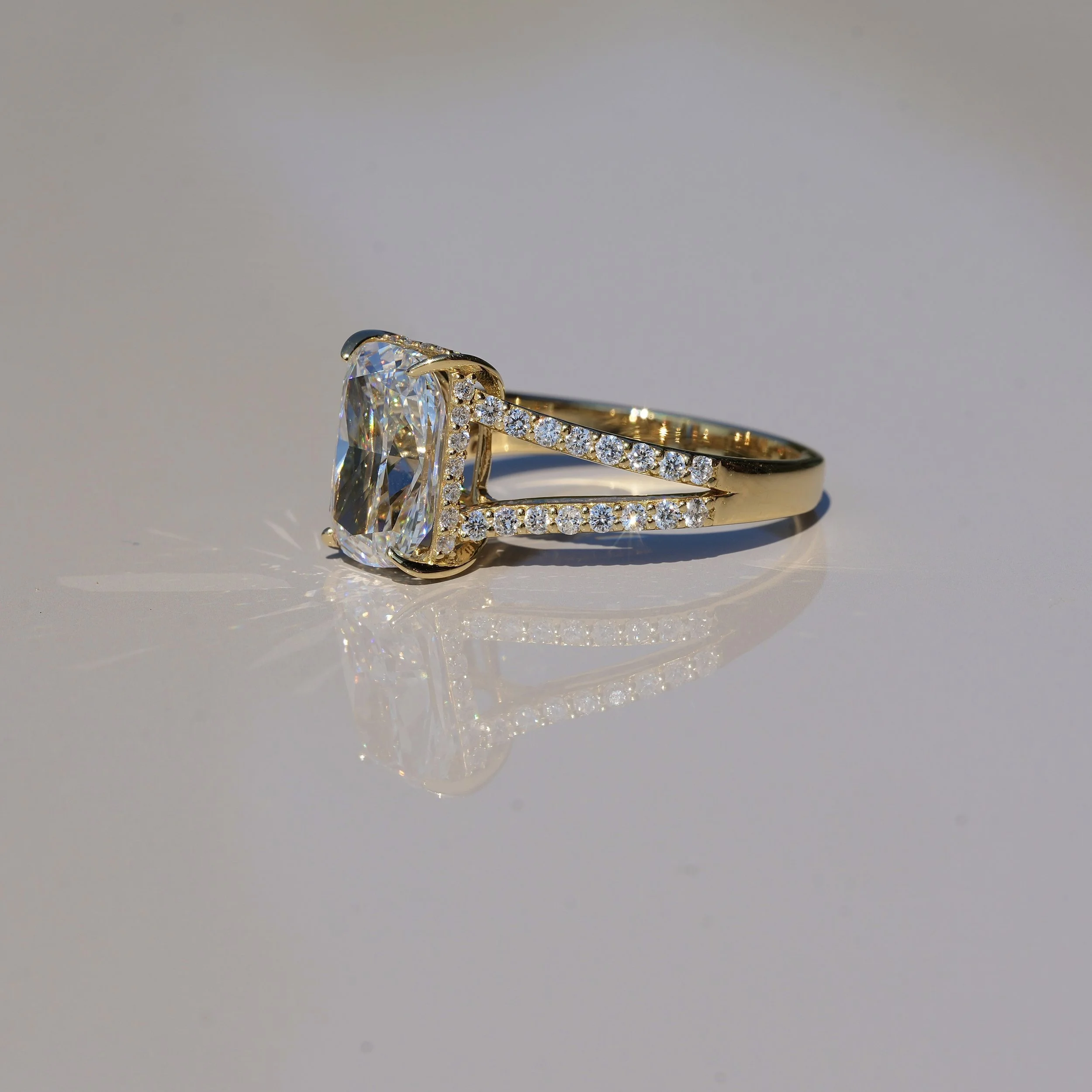 Cushion Cut 3ct Diamond Engagement Ring with Pavé Split Band in 18ct Yellow Gold, Total Carat Weight 3.6ct – Side View | Eighty8Diamonds