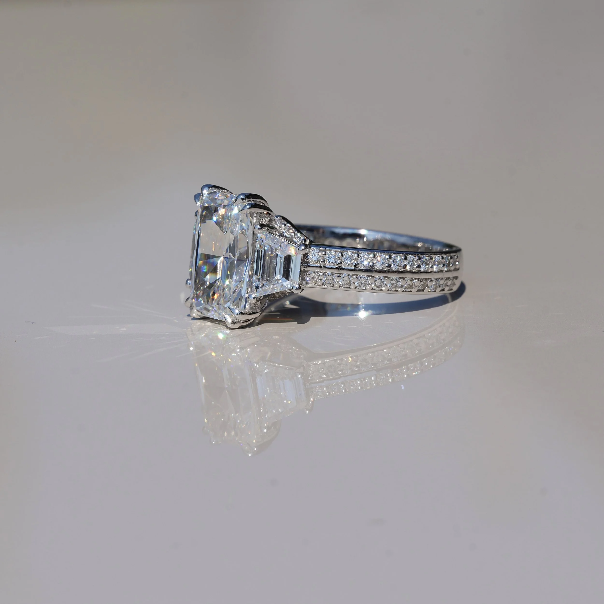 4ct Radiant Cut Diamond Engagement Ring with 3D Diamond Band and Trapezoid Side Stones in 18ct White Gold – Box View | Eighty8Diamonds